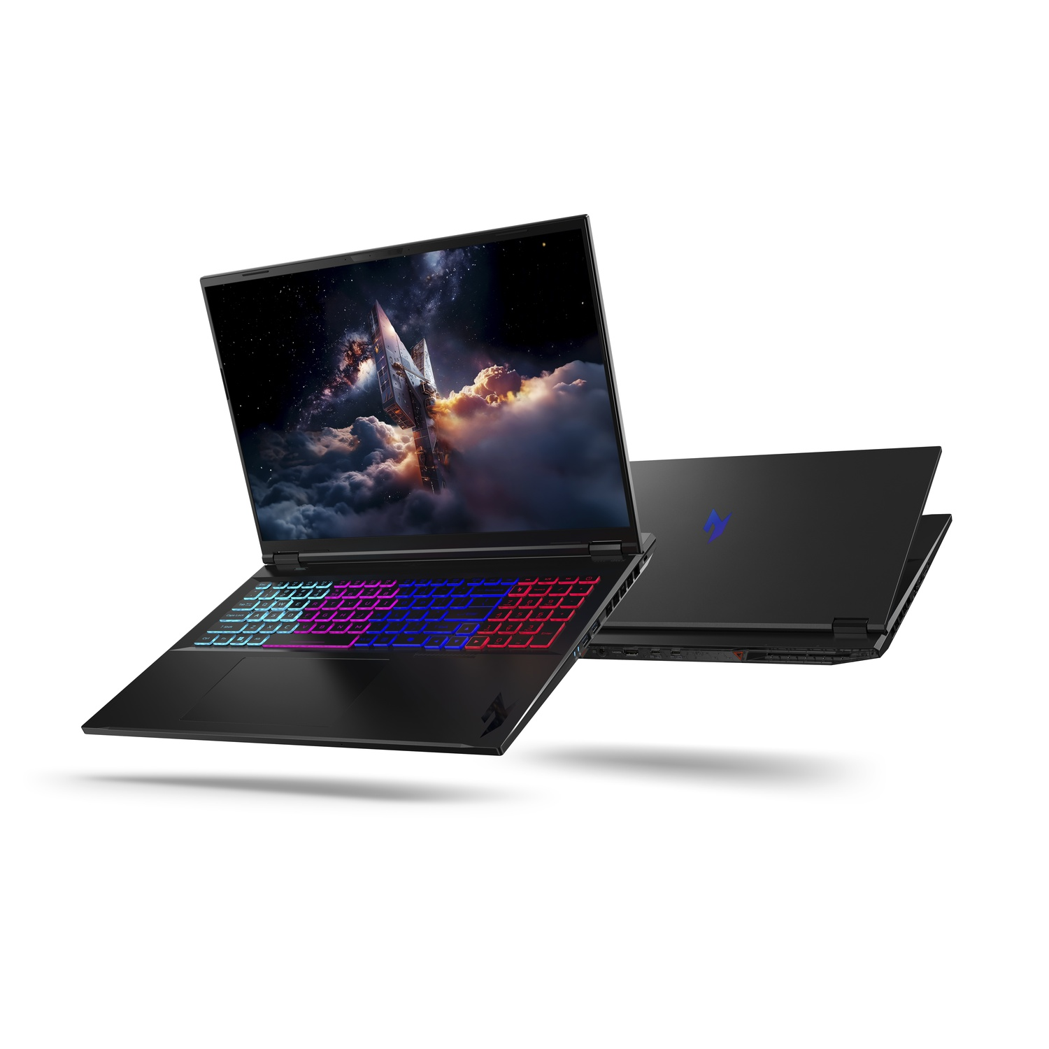 Two black laptops on white. One is open, displaying a space scene. The other is closed, with a blue logo on the lid.