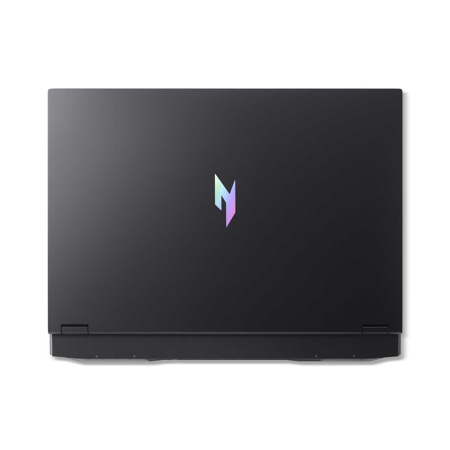 A black laptop with a colorful logo on the lid, centered. The background is black.