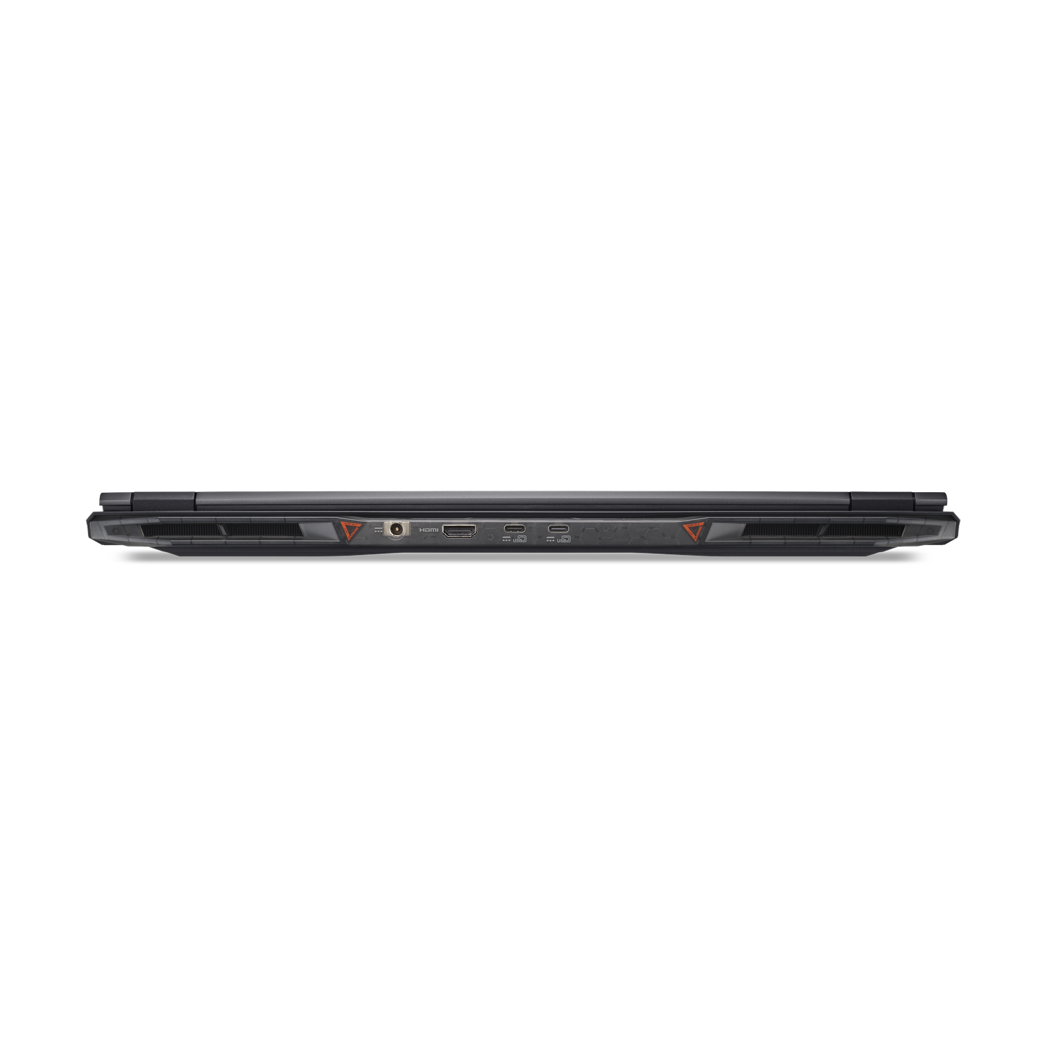 A closed black laptop seen from the side. It has ports and vents, with orange triangular accents on each end.