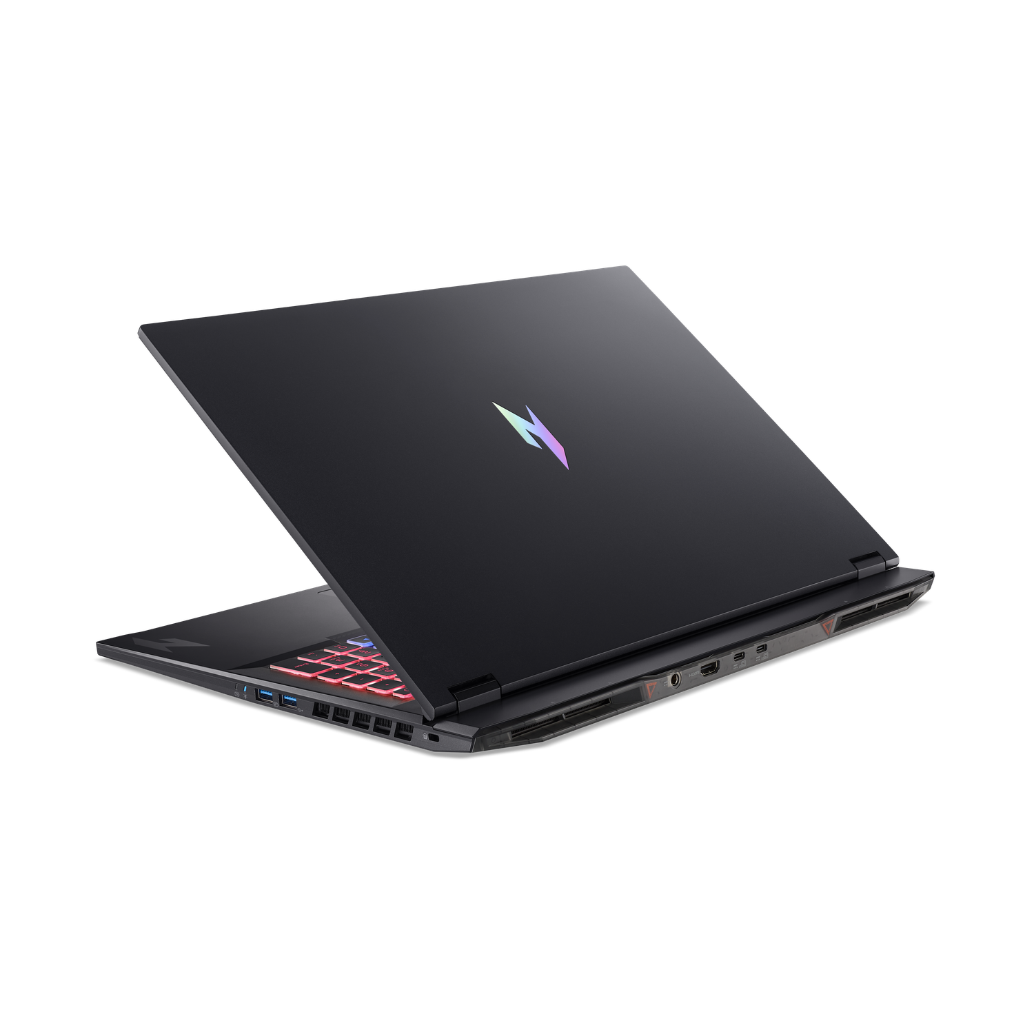 A black laptop is open on a dark background. The keyboard glows red, and the lid shows a logo.