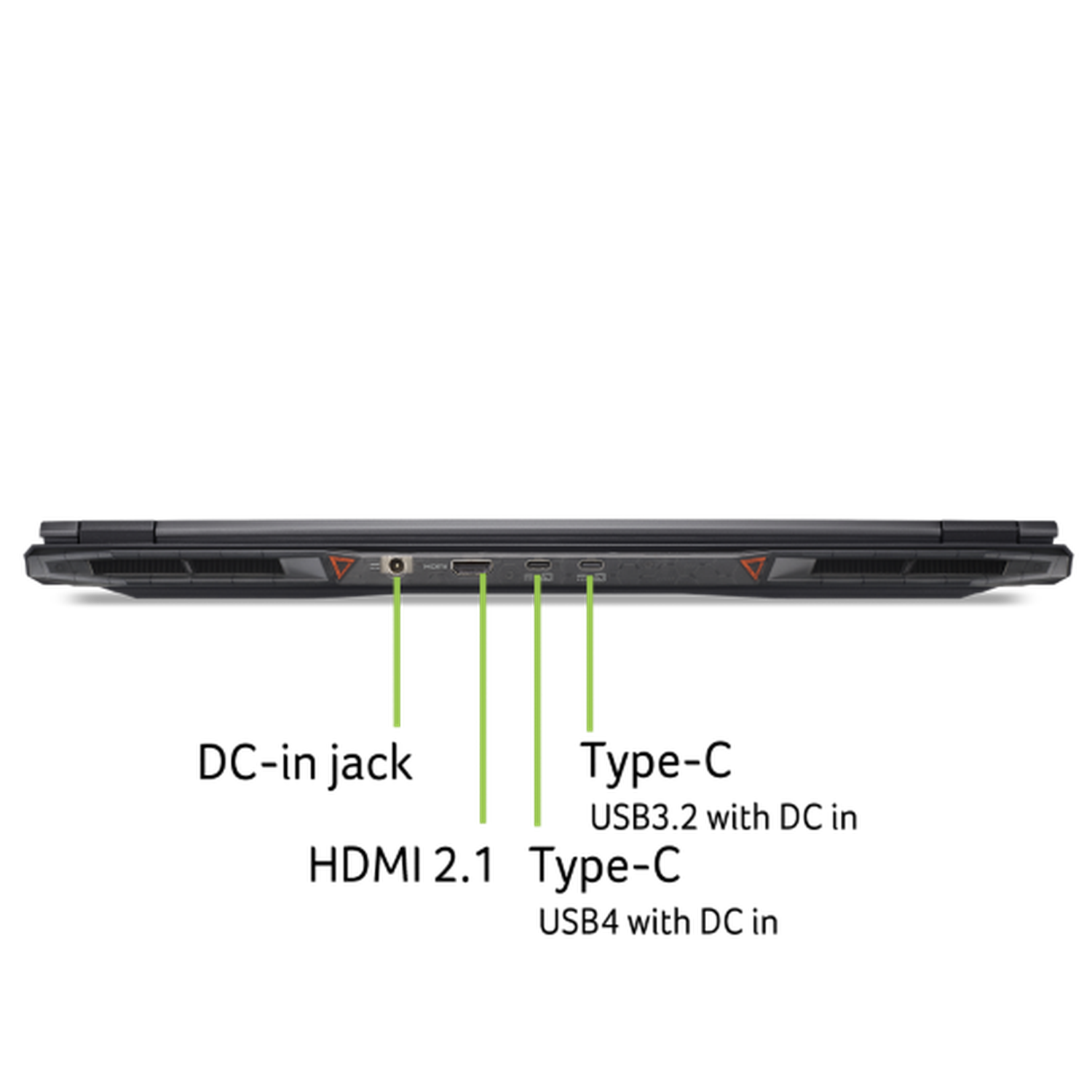Side view of a black laptop with ports. Visible ports include power, HDMI, and USB-C. Red triangles are also present on the laptop.