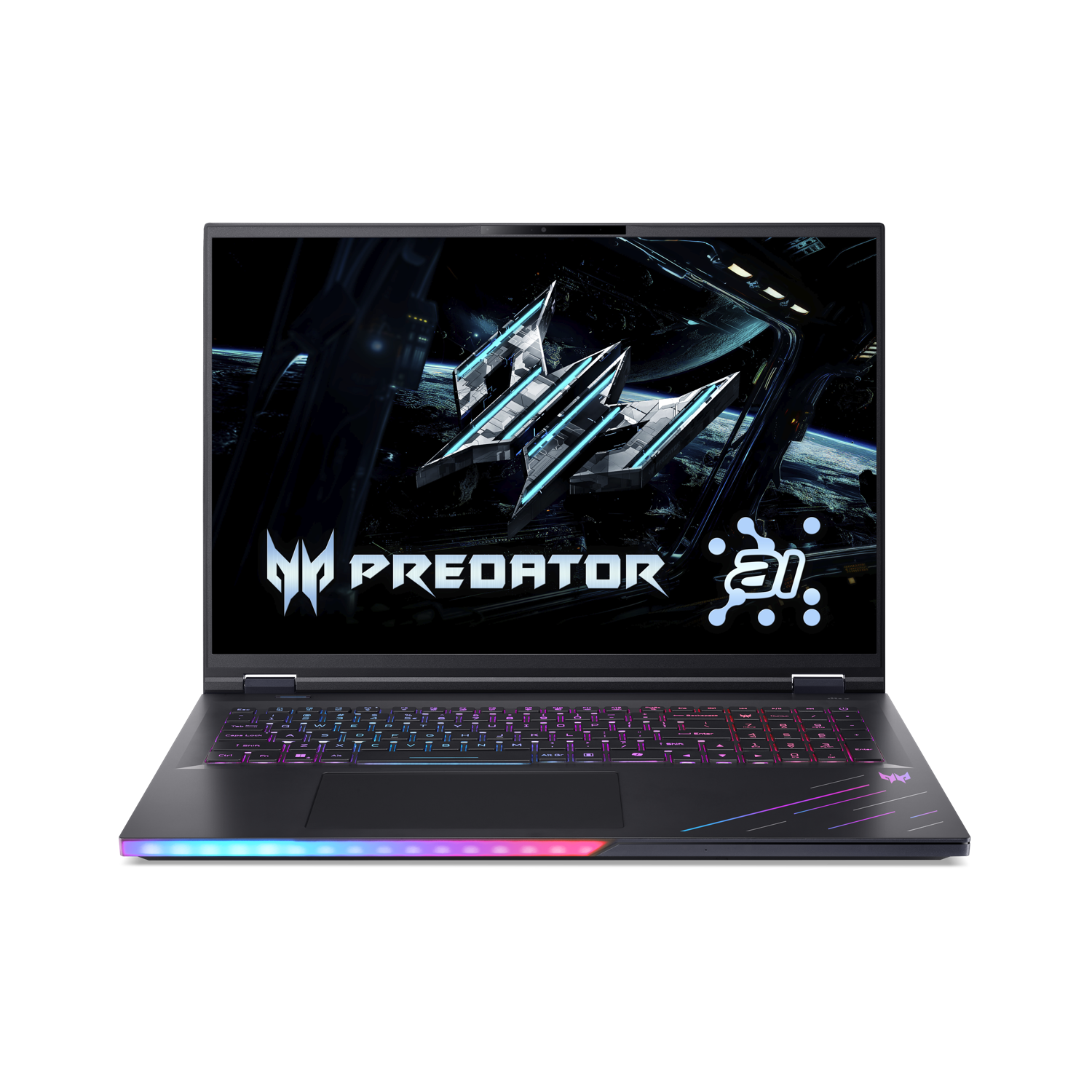 A black Predator laptop displays a space scene. The keyboard lights up with rainbow colors. The Predator logo is visible.