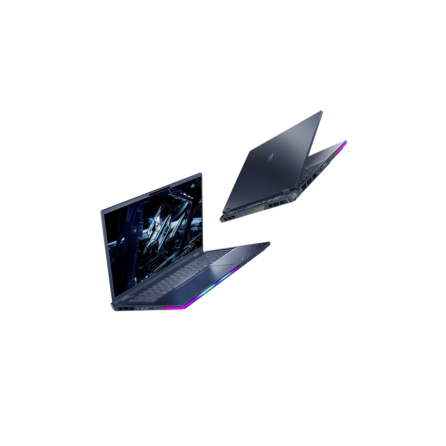 Three dark gray laptops floating in the air against a black background. The laptops have colorful LED lights.