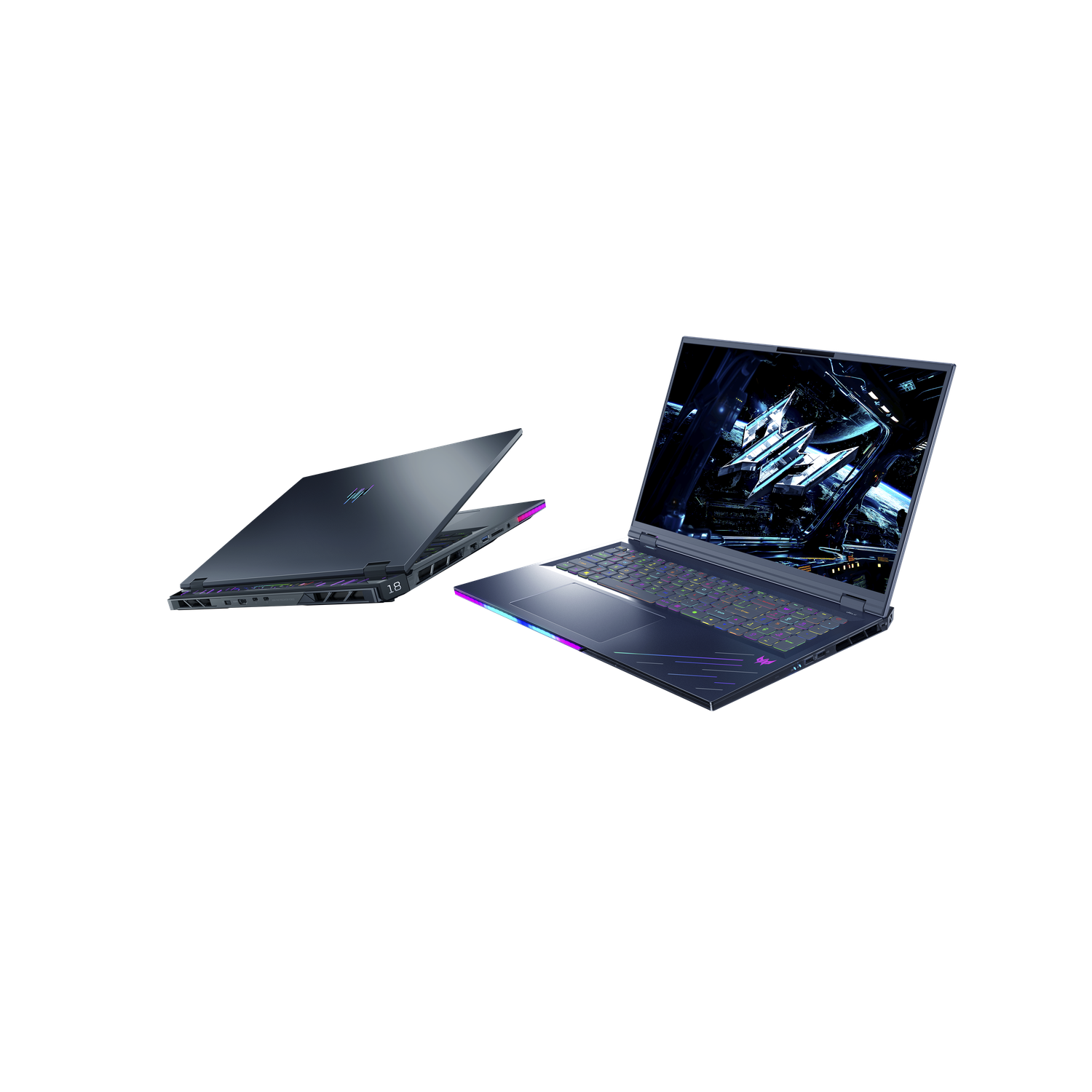 Two dark laptops on black background. One open, showing screen with futuristic graphics. Both have glowing edges and logos.