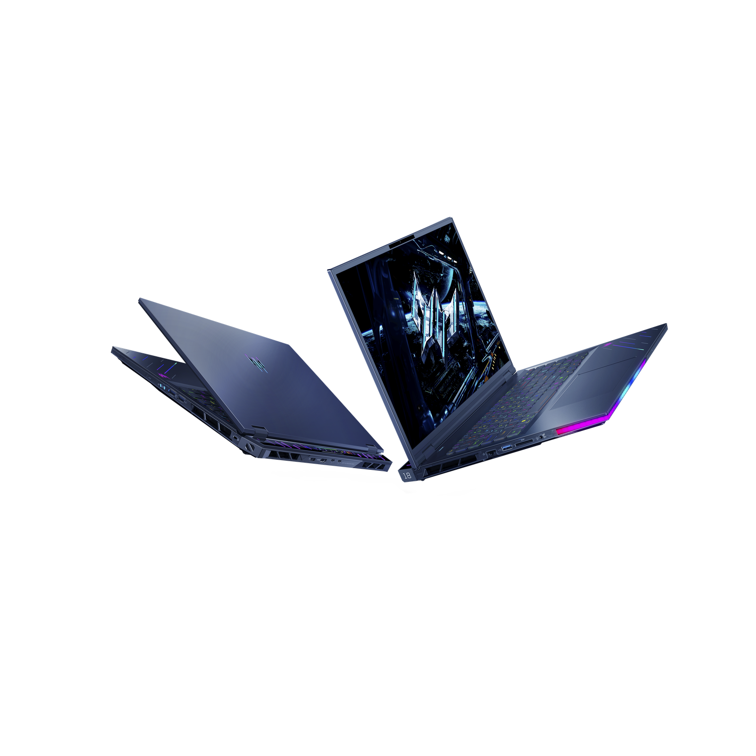 Two blue-gray laptops are displayed at an angle against a black background. The screens display a logo and a space scene.