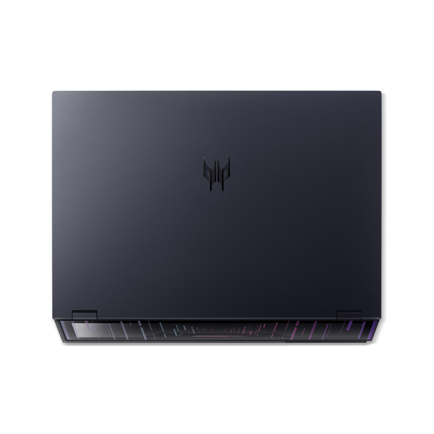 A dark blue laptop on a black background. The Predator logo is visible. The laptop's lower edge has a glowing design.