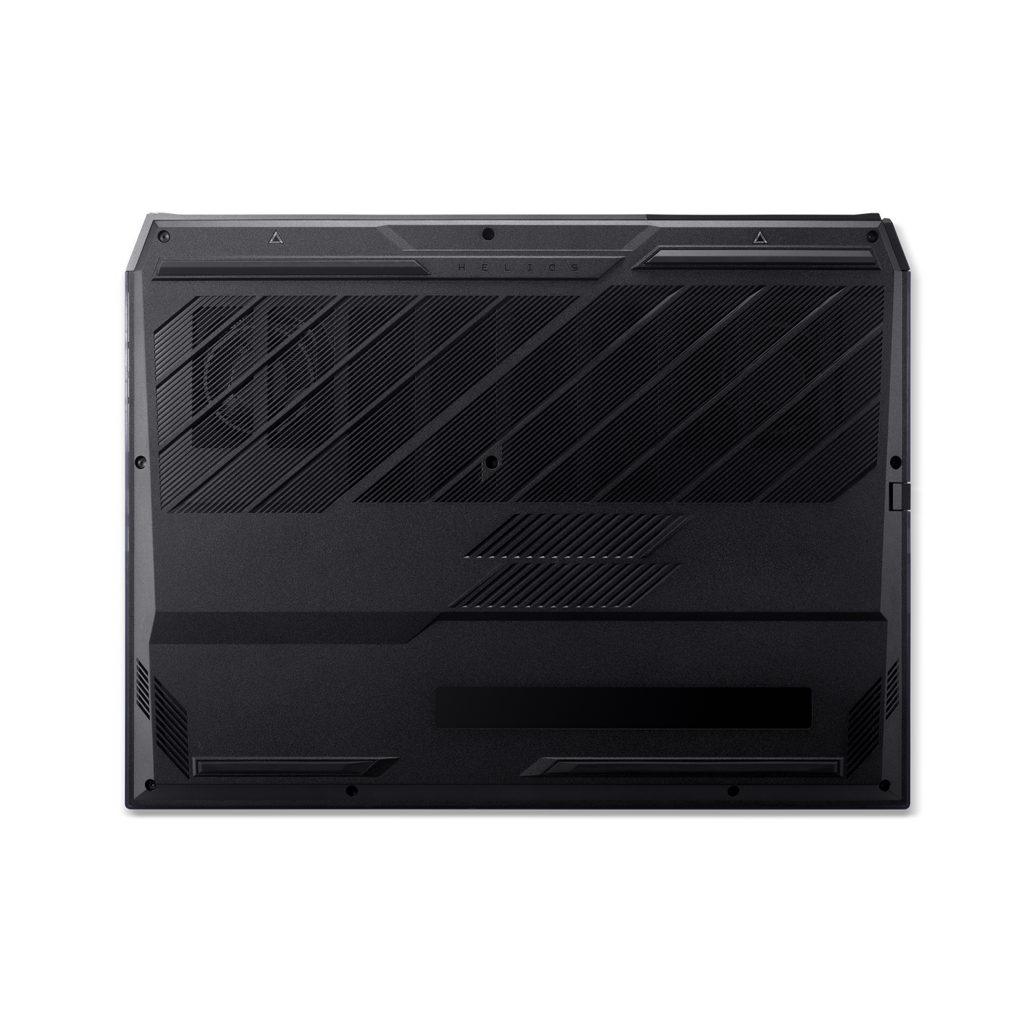 Bottom of a black laptop. It has multiple air vents and the name 'HELIOS' is printed on the top. The surface has a textured design.