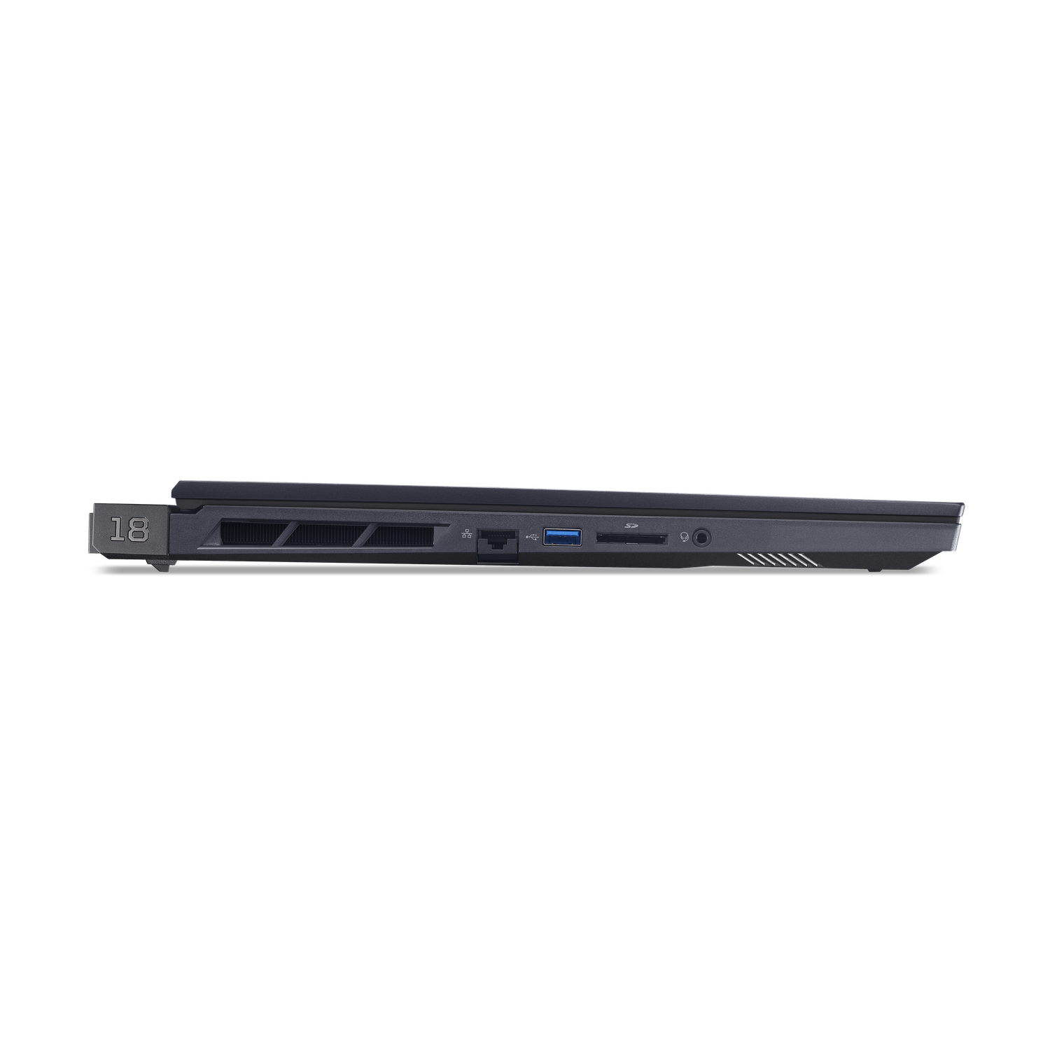 Side view of a dark gray laptop with ports and vents visible. The number 18 is on the side.