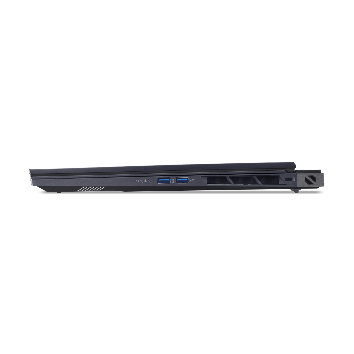 Side view of a dark gray laptop. Visible are ports, vents, and a power button. The laptop is on a black background.