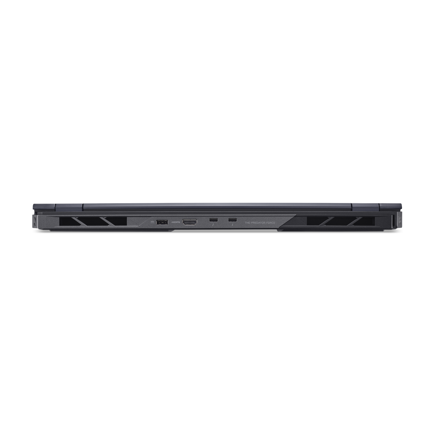 Side view of a dark gray laptop with ports labeled HDMI, USB, and power. Text reads 'THE PREDATOR FORCE'.