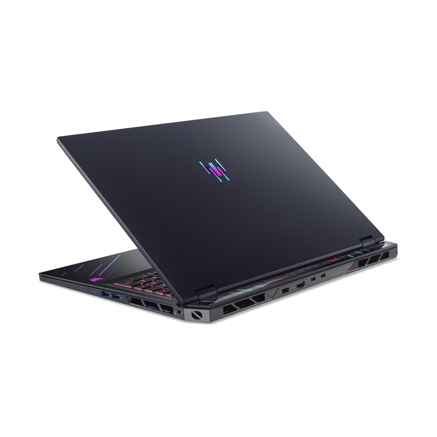 A dark laptop, slightly open, angled against a black background. The keyboard is visible with colorful backlighting.
