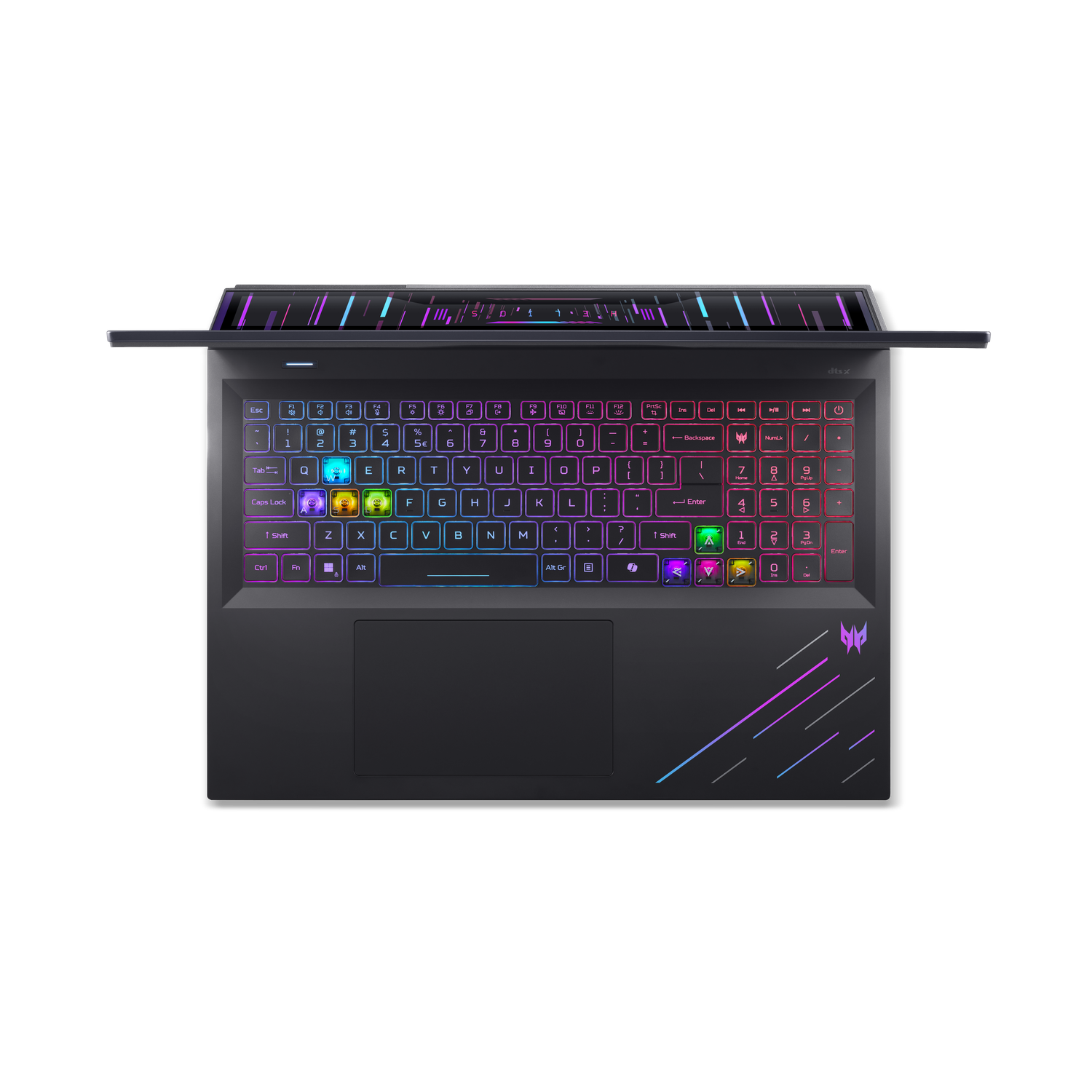 A black laptop with lit-up keyboard. Colorful lights along the side and on the top. The Predator logo is visible.