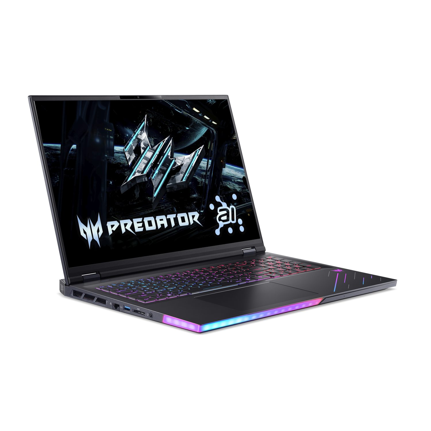 A black Predator laptop with a lit keyboard and screen showing a futuristic graphic. The edge has a colorful light strip.