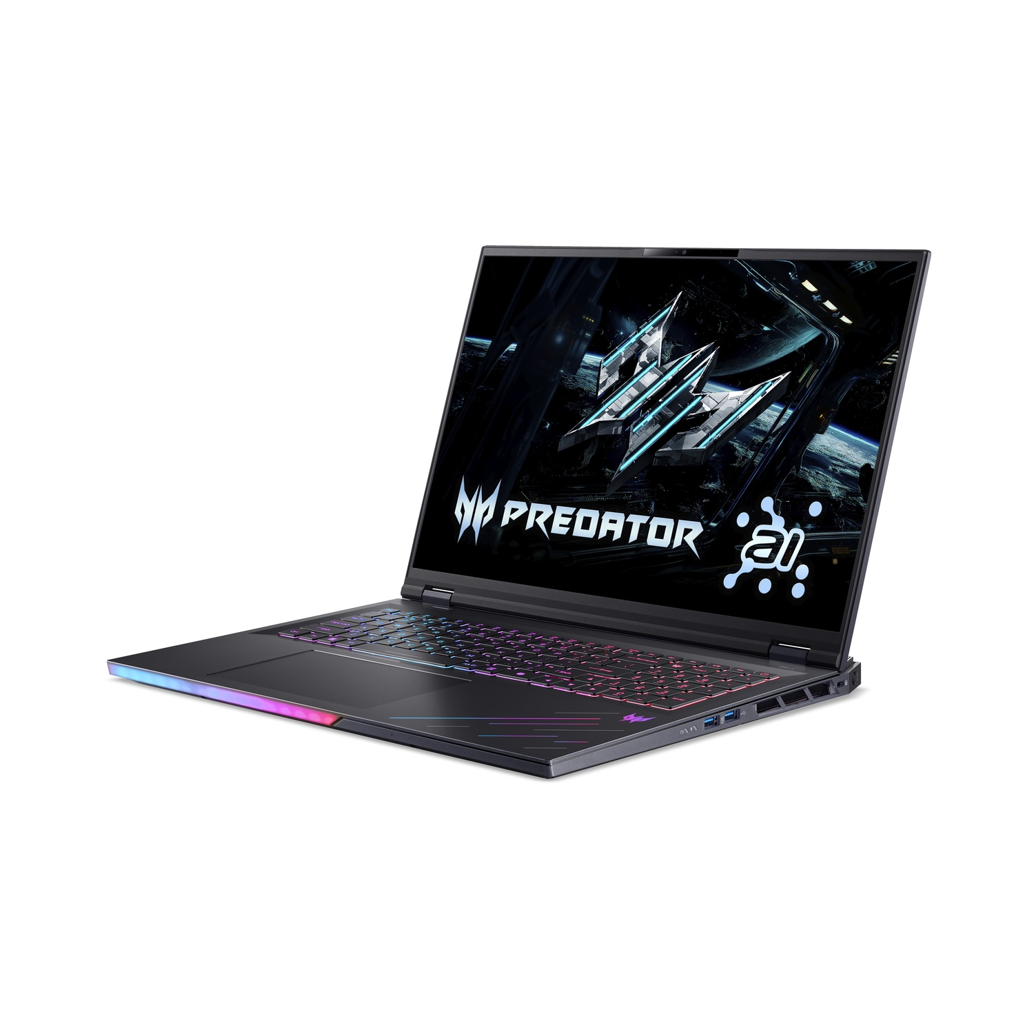 A black Predator laptop is displayed open. The keyboard glows with multicolored lights. The screen shows the brand logo and futuristic graphics.