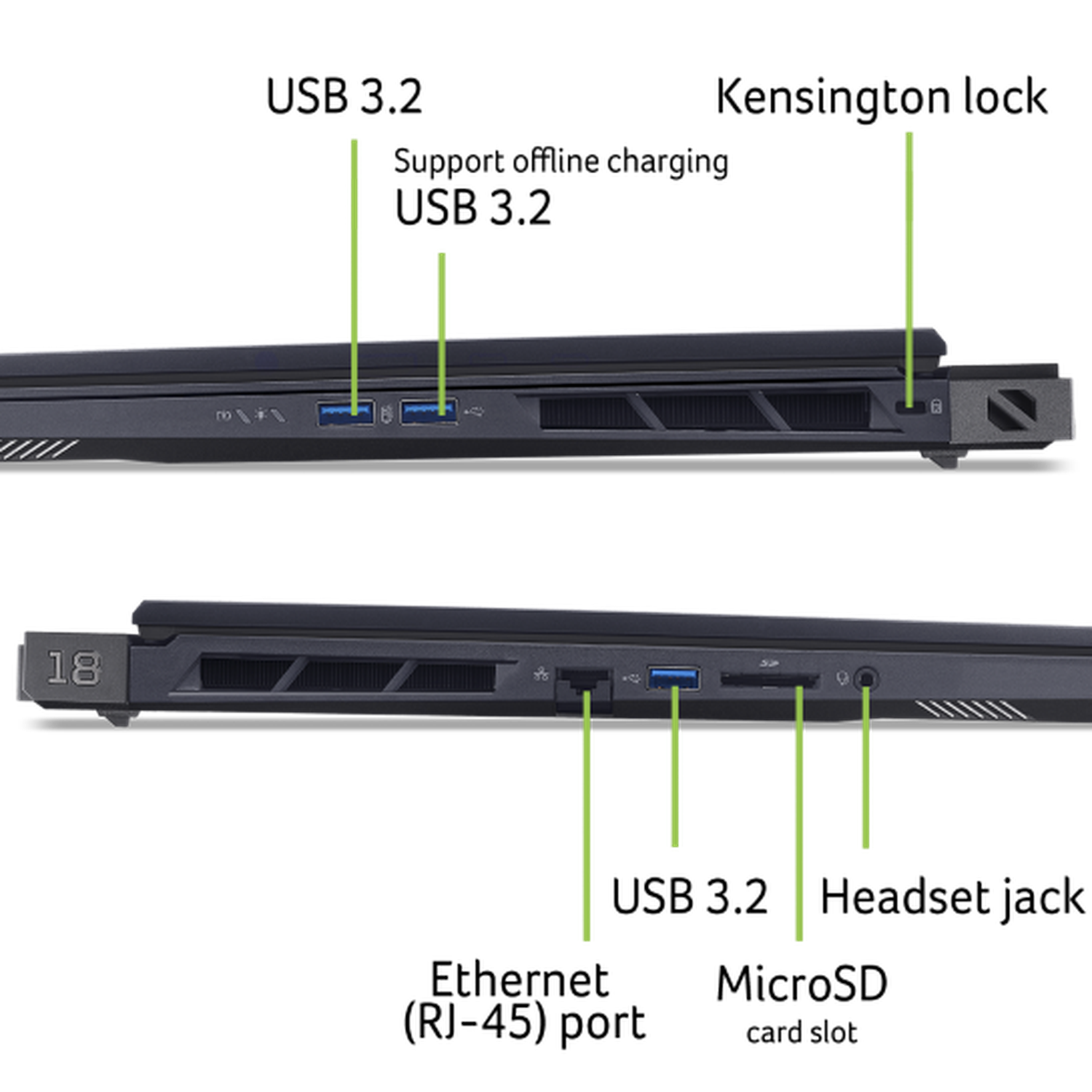 Laptop side view with ports: USB, HDMI, audio jack, SD card slot, and power input, all labeled with green lines on a black background.