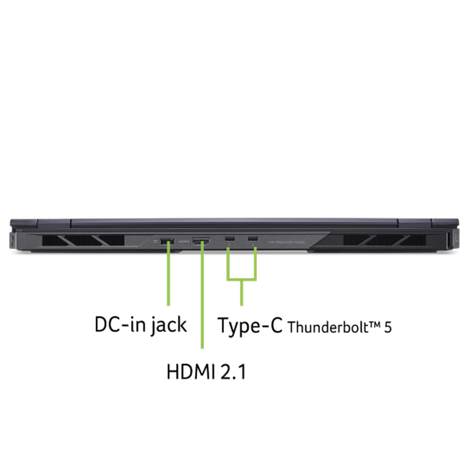 Side view of a dark gray laptop with several ports labeled. The ports include HDMI and others, against a black background.