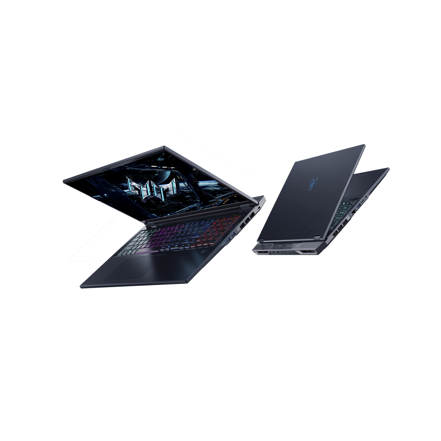 Two dark laptops on black background. One open, displaying a colorful keyboard and screen. The other is closed and angled.