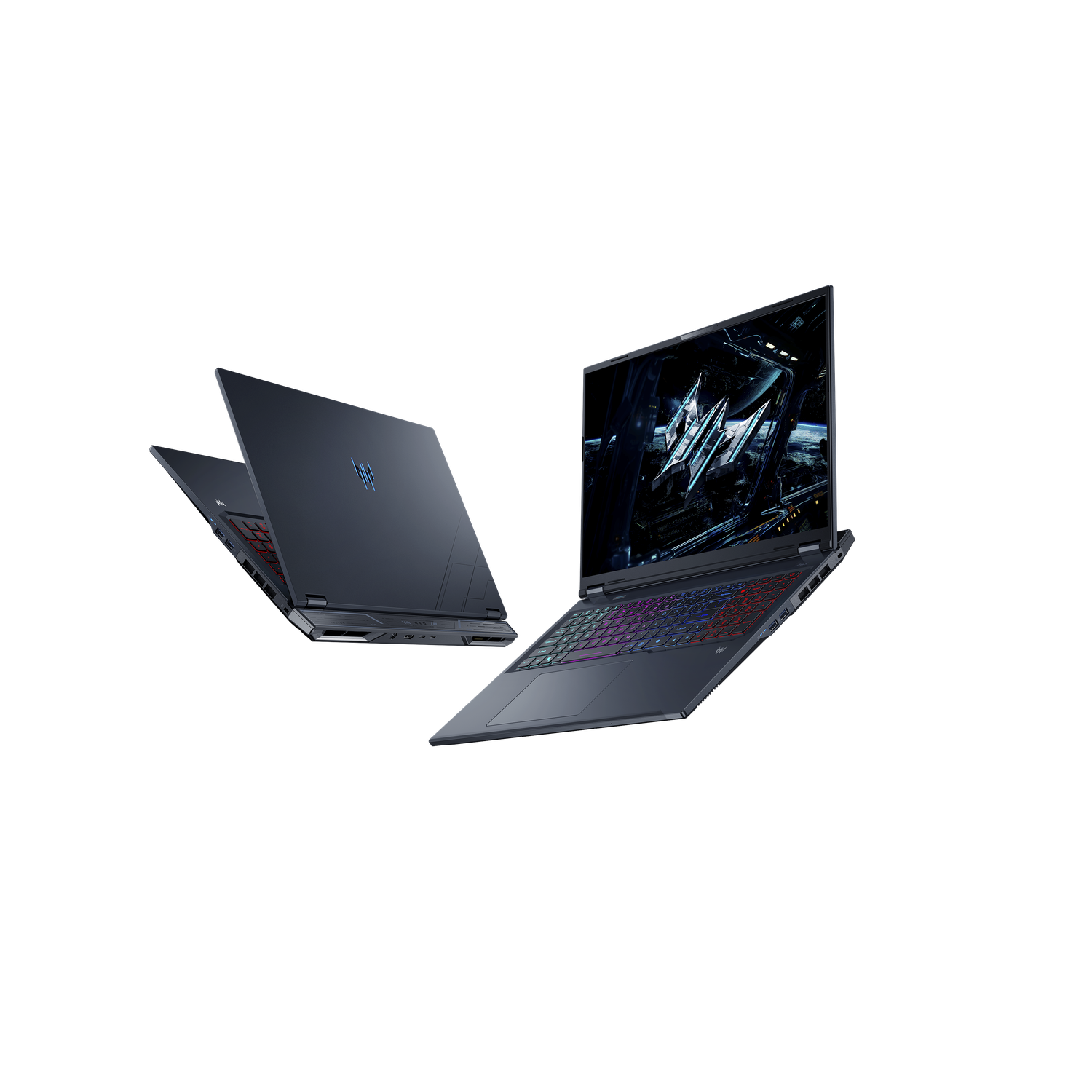 Two dark gray laptops on a black background. One is open, showing a screen with a futuristic design. The other is closed.