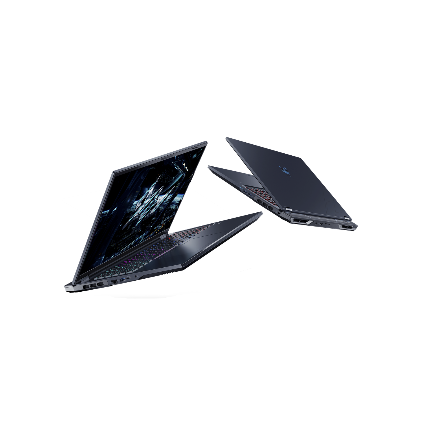 Three dark gray laptops are displayed against a black background. Two are open, showing colorful keyboards and screens with graphics.