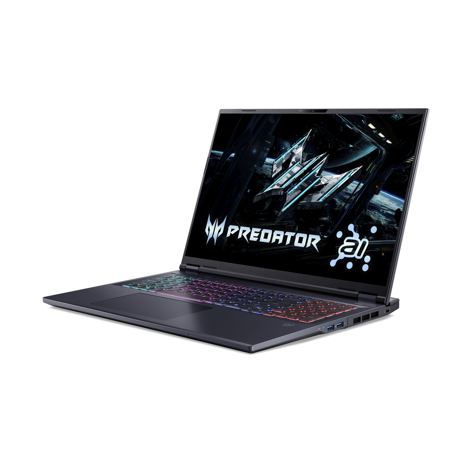 A dark gray Predator laptop is open, the screen showing a futuristic design. The keyboard has colorful lights, against a black background.