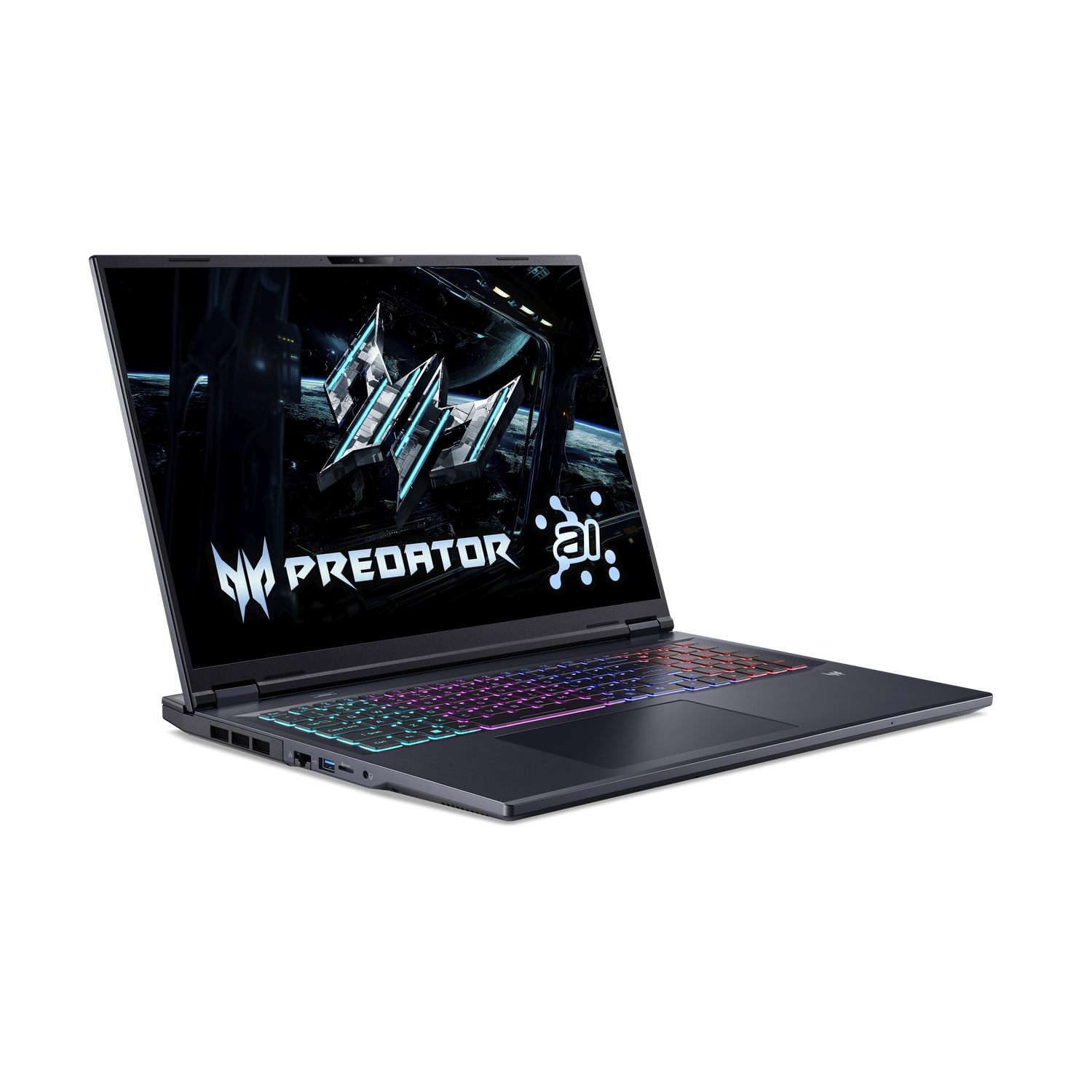 A black Predator laptop is open, displaying a logo and colorful keyboard. The background is black.