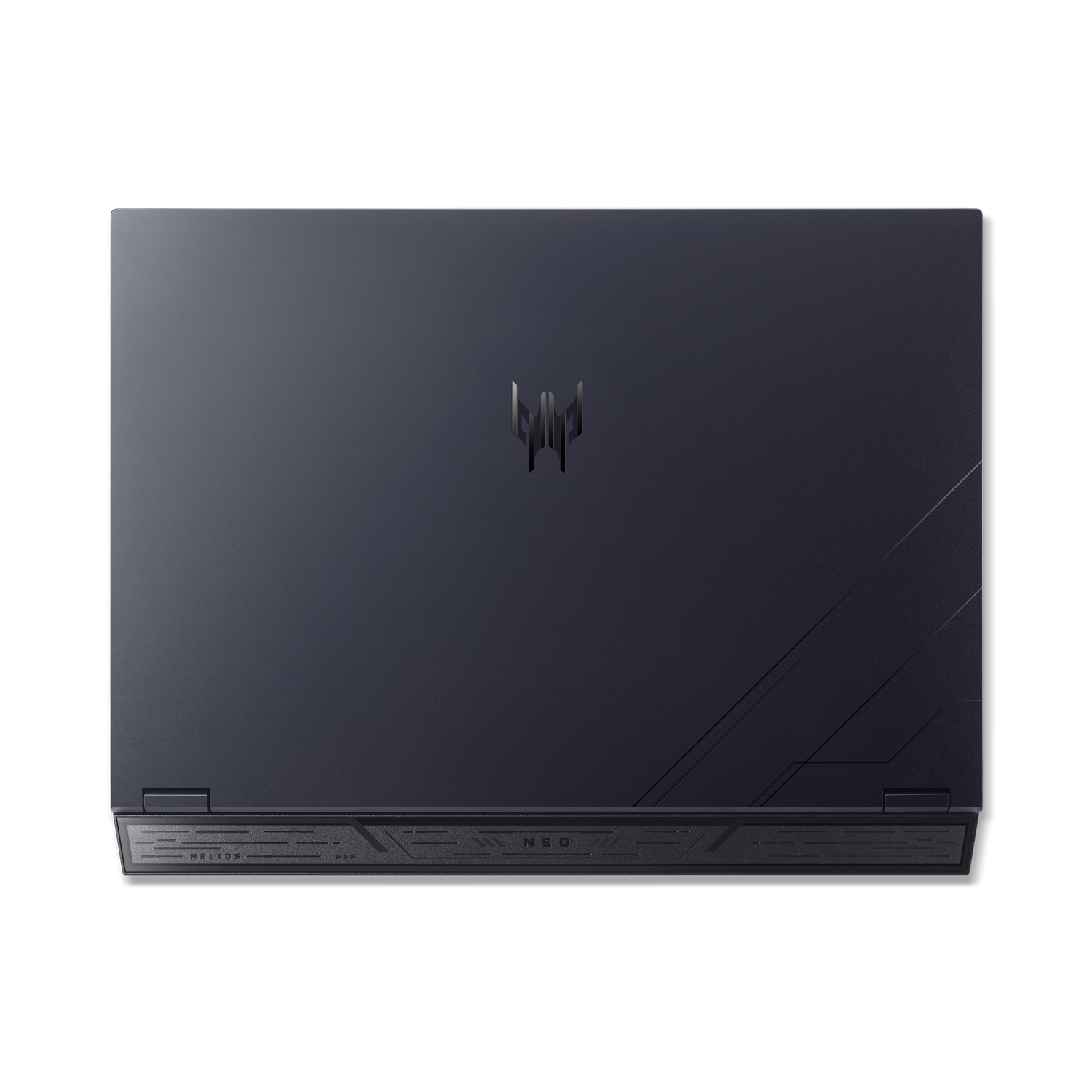 Dark laptop, top view, Predator logo, and Helios Neo text. Sleek design with a dark gray finish. Geometric patterns.