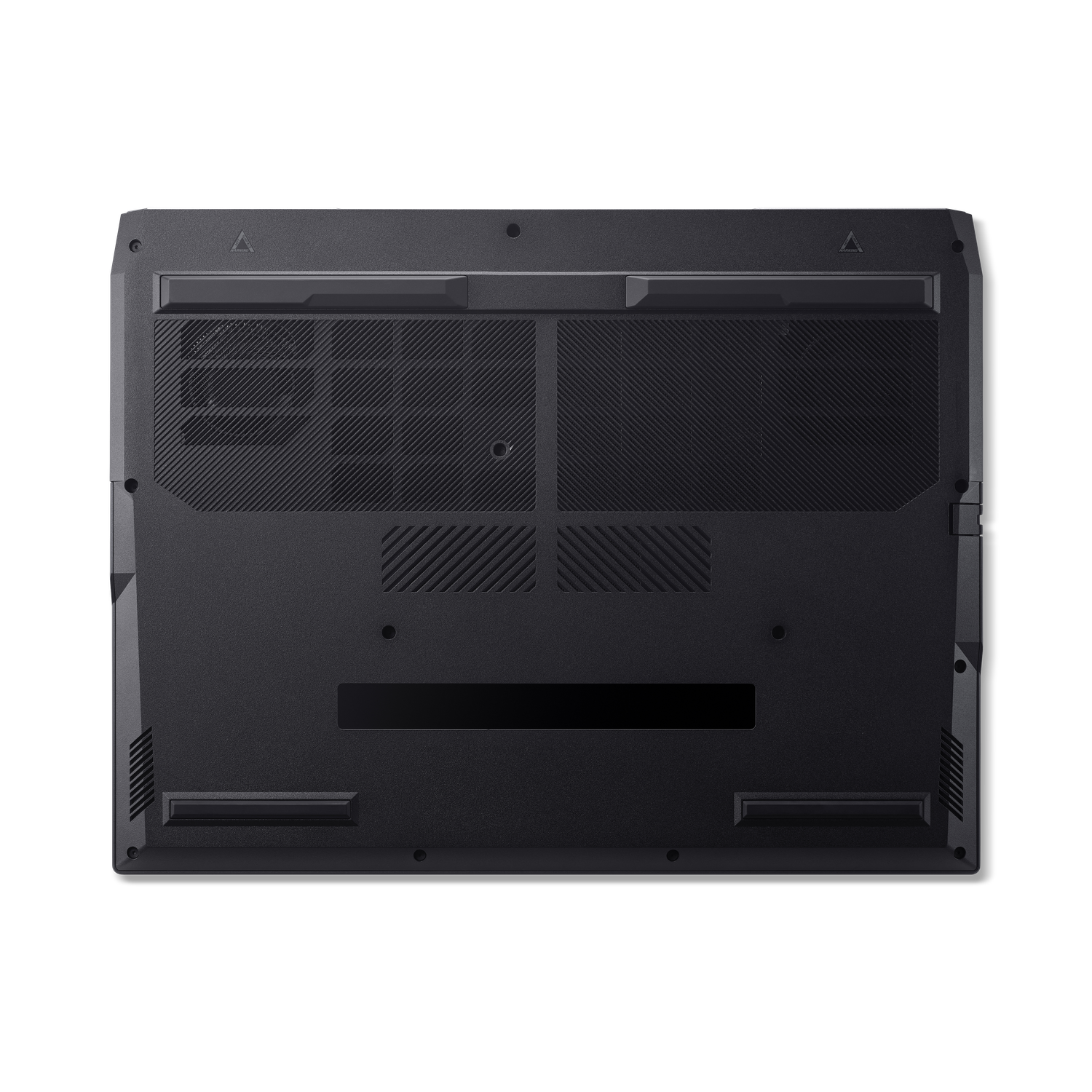 Bottom view of a black laptop. It has vents, screws, and rubber feet. The surface has a textured pattern and a few logos.