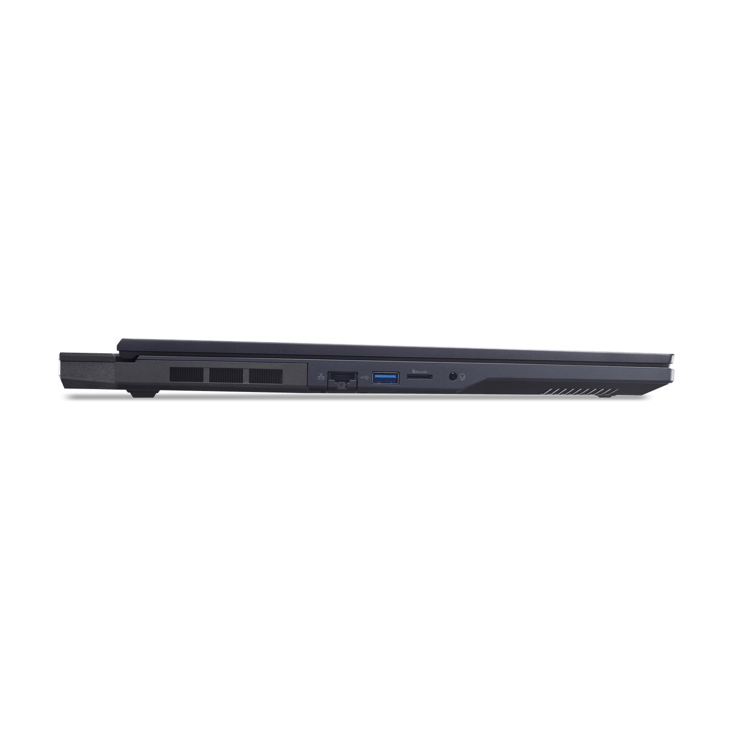 Side view of a closed, dark gray laptop. Visible are ports, vents, and the laptop's edge, against a black background.