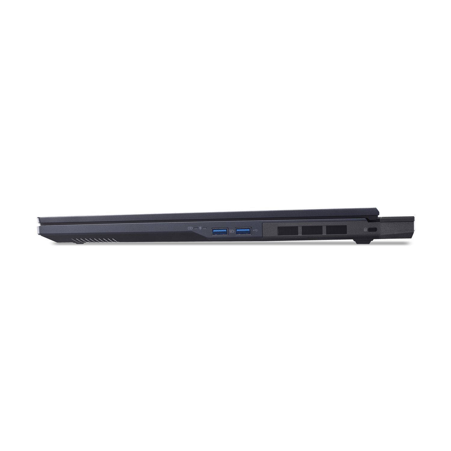 Side view of a dark gray laptop. Visible ports include USB, and ventilation. The laptop is on a black background.