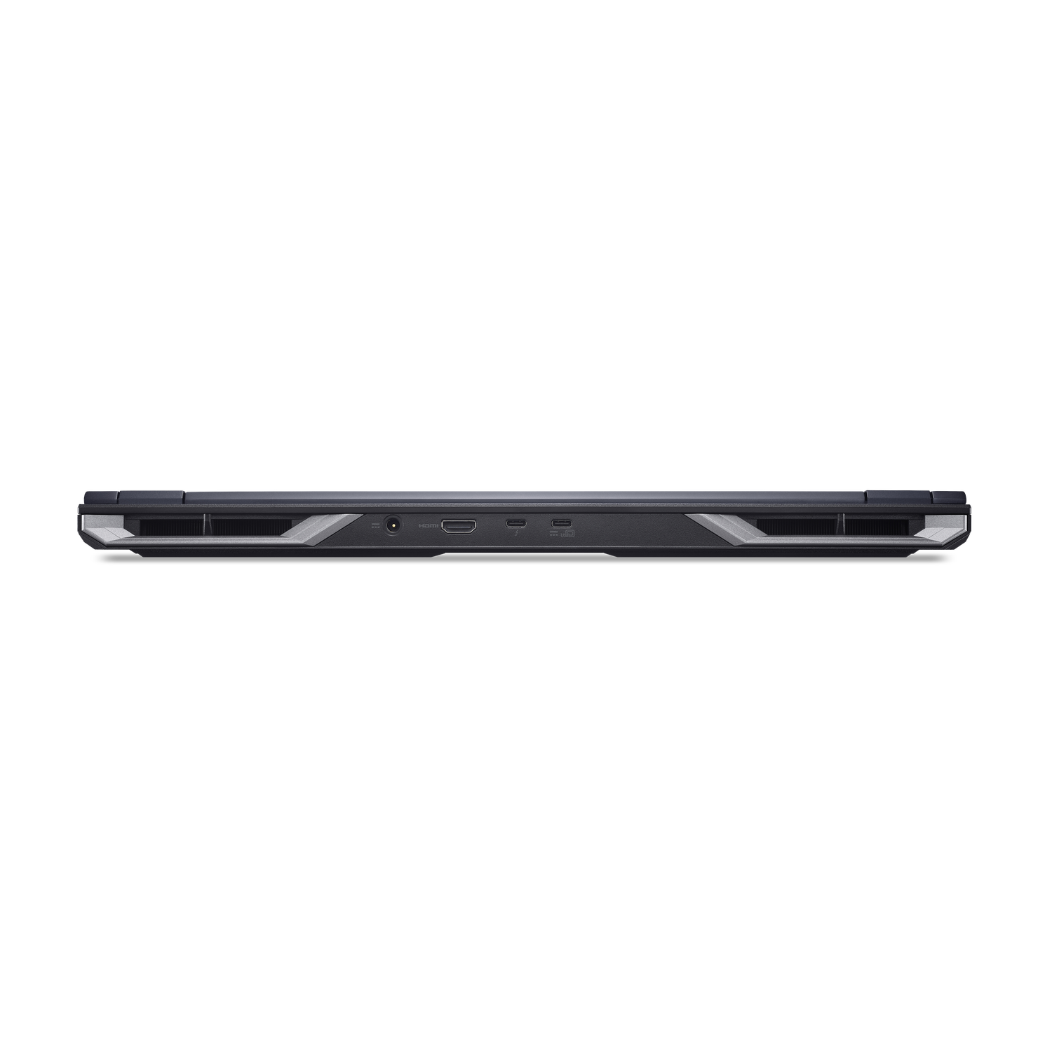 Black laptop side view. Ports visible: HDMI, USB, power. Metallic accents. Black background.