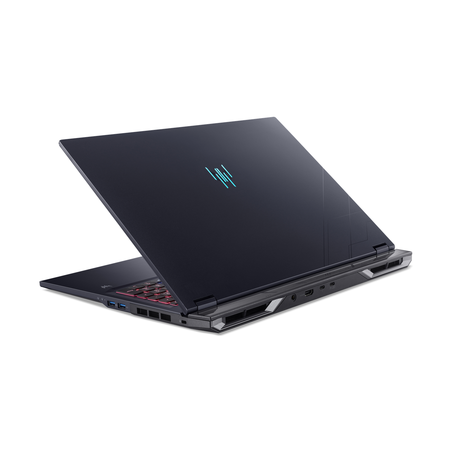 A black laptop is open, showing a red keyboard and a blue logo on the lid. The background is black.