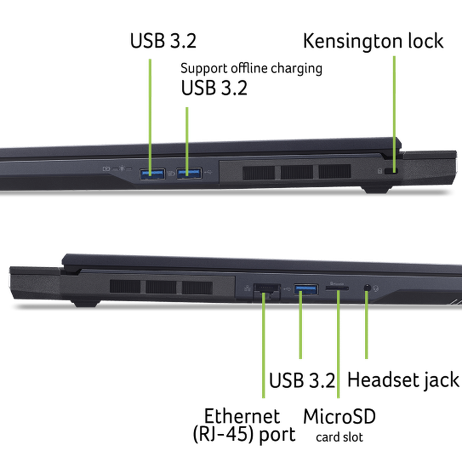 Image shows the side view of a dark laptop, highlighting various ports including USB, HDMI, and an SD card slot.