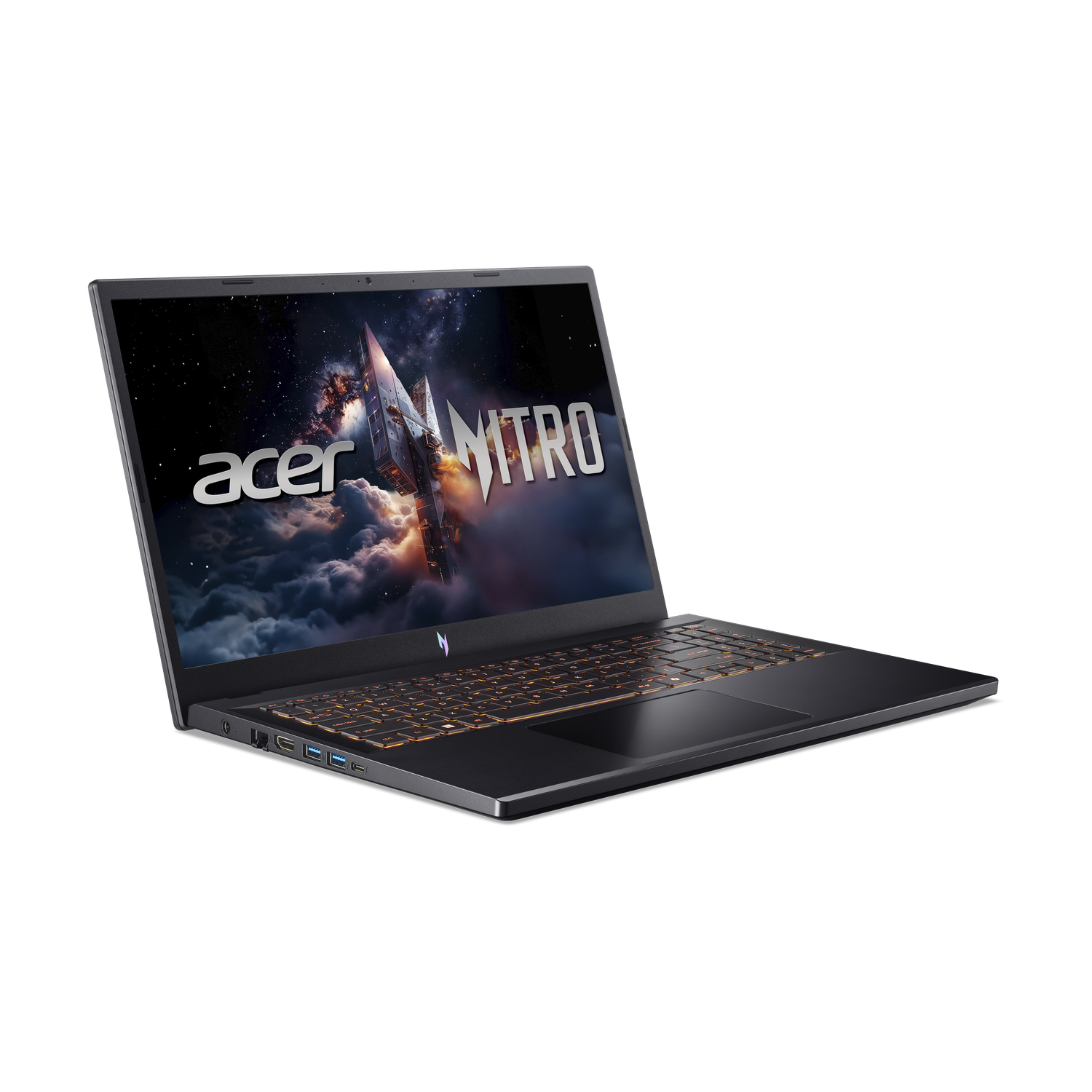 Een zwarte Acer Nitro laptop staat schuin naar de kijker tegen een zwarte achtergrond. Het scherm toont een ruimteschipafbeelding.