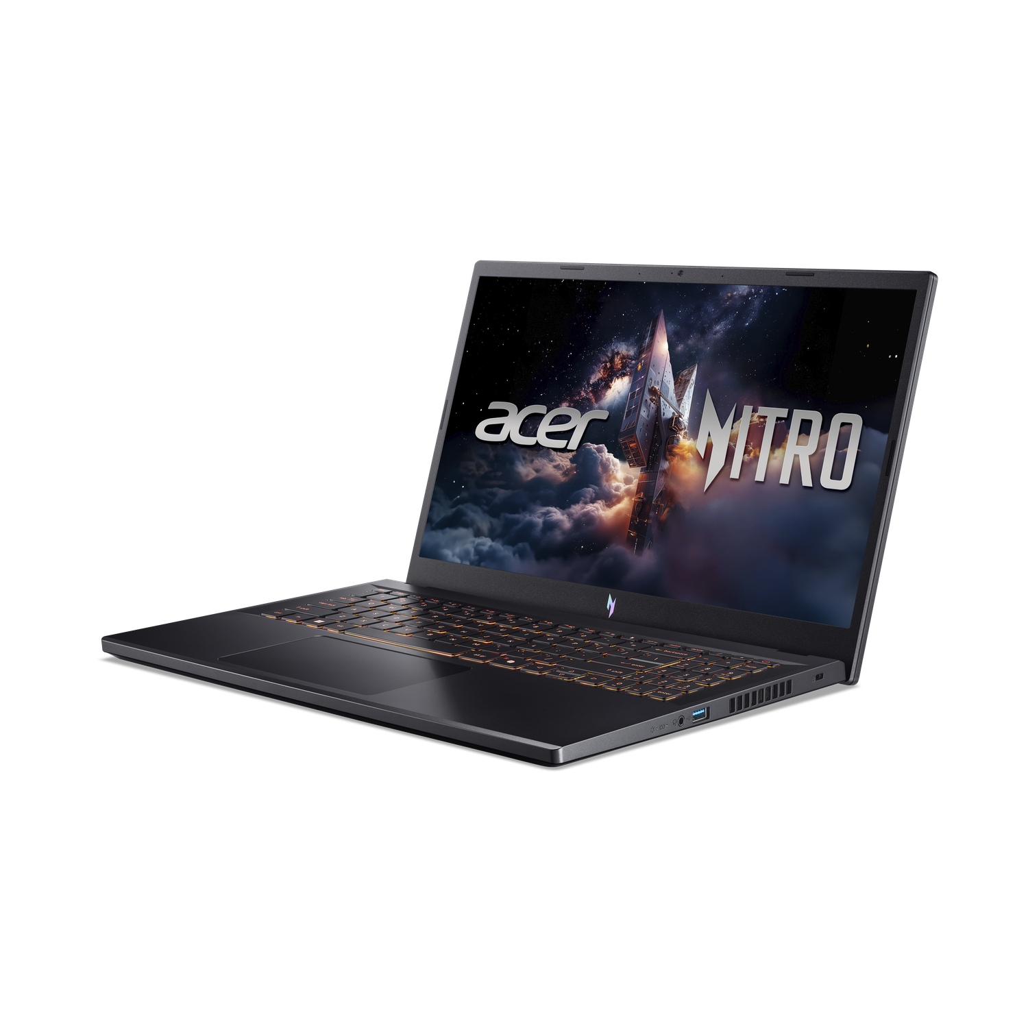 Een zwarte Acer Nitro laptop wordt onder een hoek getoond op een zwarte achtergrond. Het scherm toont een afbeelding van een raket.