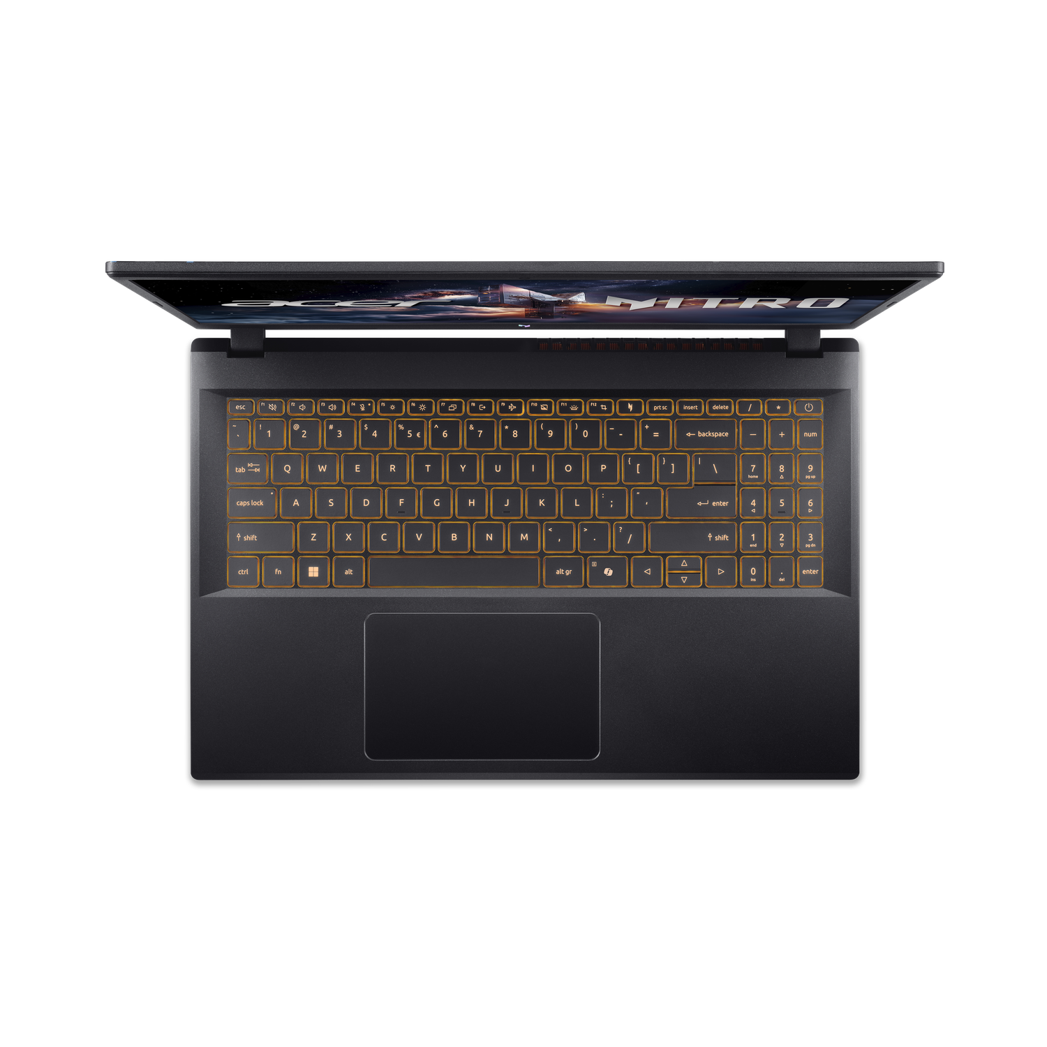 Een zwarte laptop met oranje verlichte toetsen is open. Het scherm toont een afbeelding. Het toetsenbord is zichtbaar.