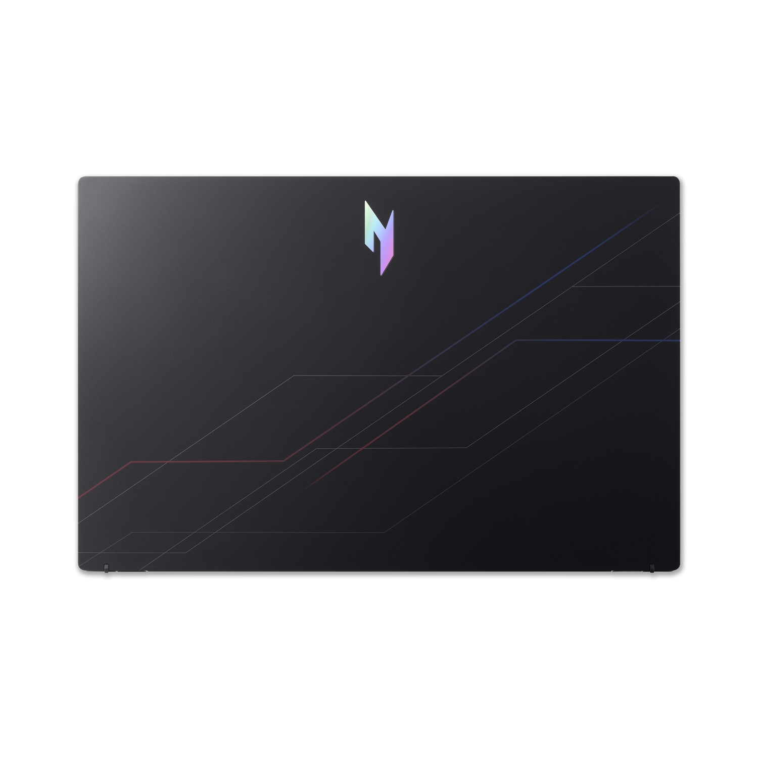 Donkergrijze laptopdeksel met kleurrijk logo. Diagonale lijnen in rood, blauw en wit kruisen het oppervlak, zwarte achtergrond.
