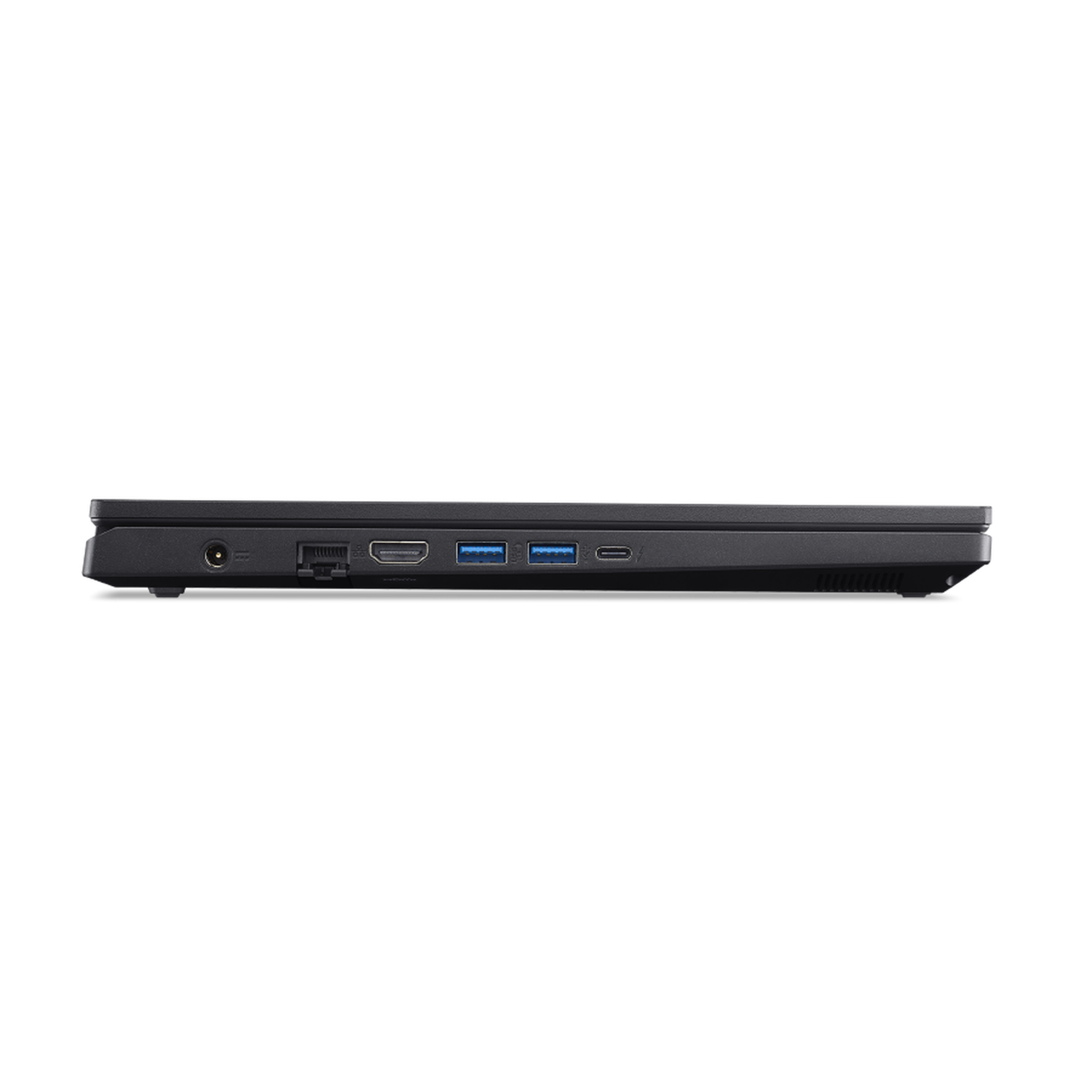 Zijaanzicht van een zwarte laptop. Poorten zijn voeding, Ethernet, HDMI, USB en USB-C. De laptop staat op een zwarte achtergrond.