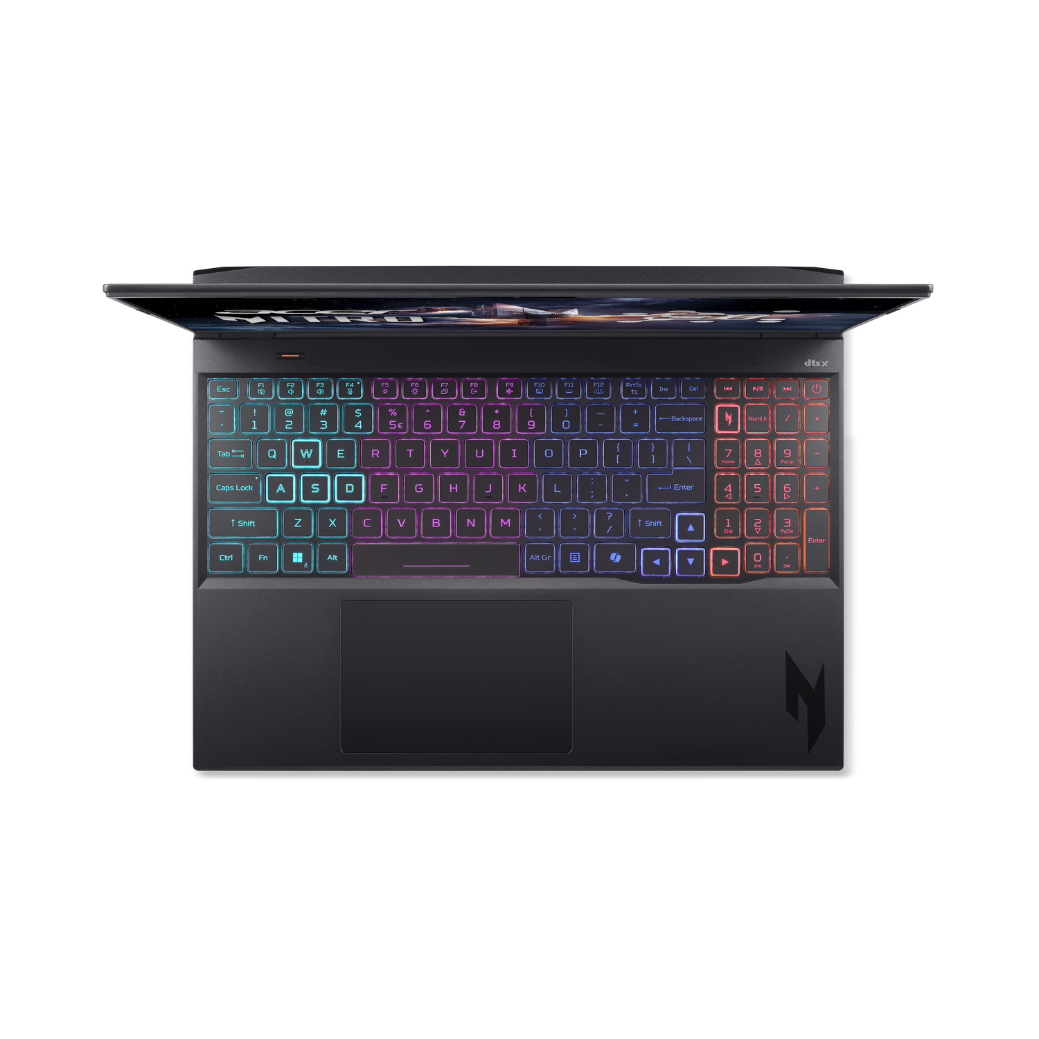 Overhead shot of a black laptop with illuminated keyboard. The screen is slightly open, revealing the keyboard and trackpad.