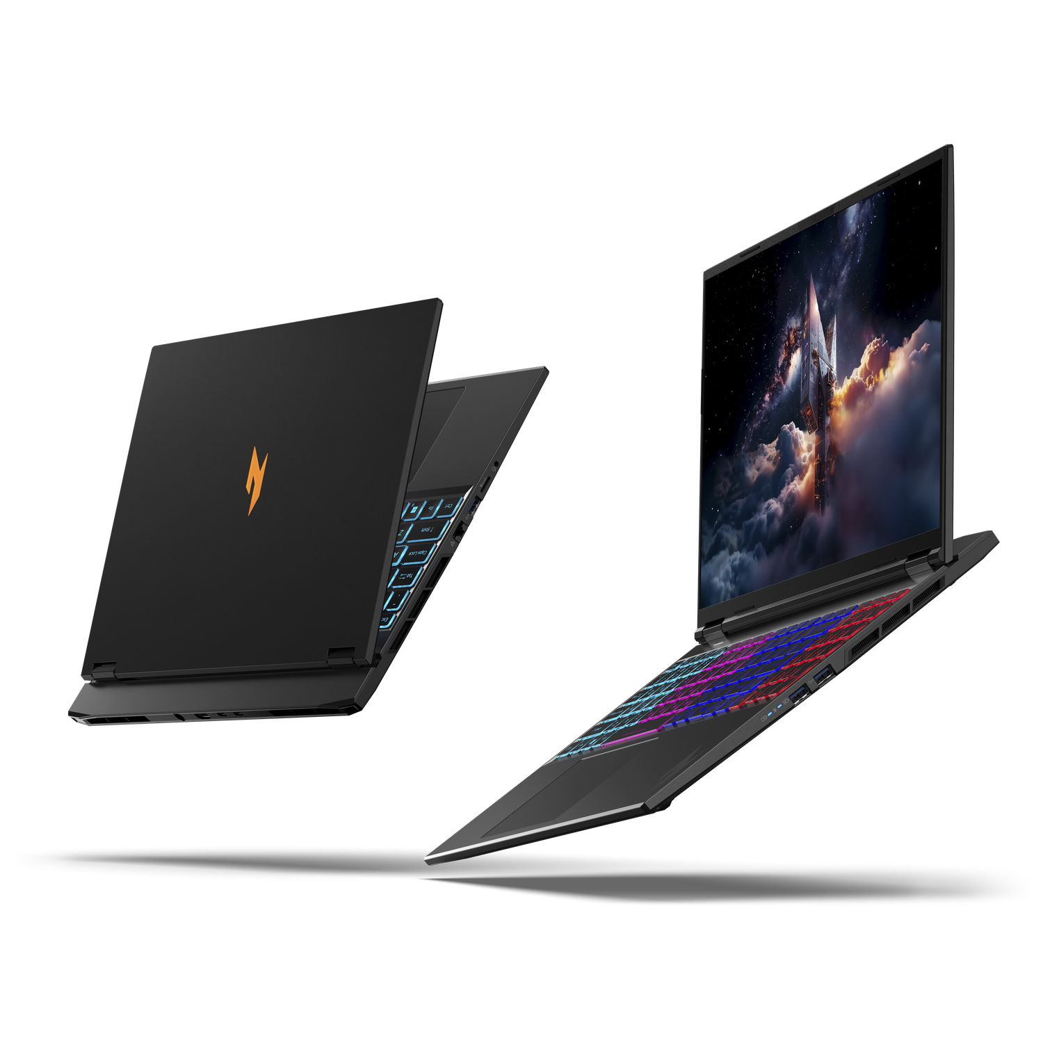 Two black laptops on a black background. One closed, showing a logo. The other open, displaying a space scene with colorful keyboard.