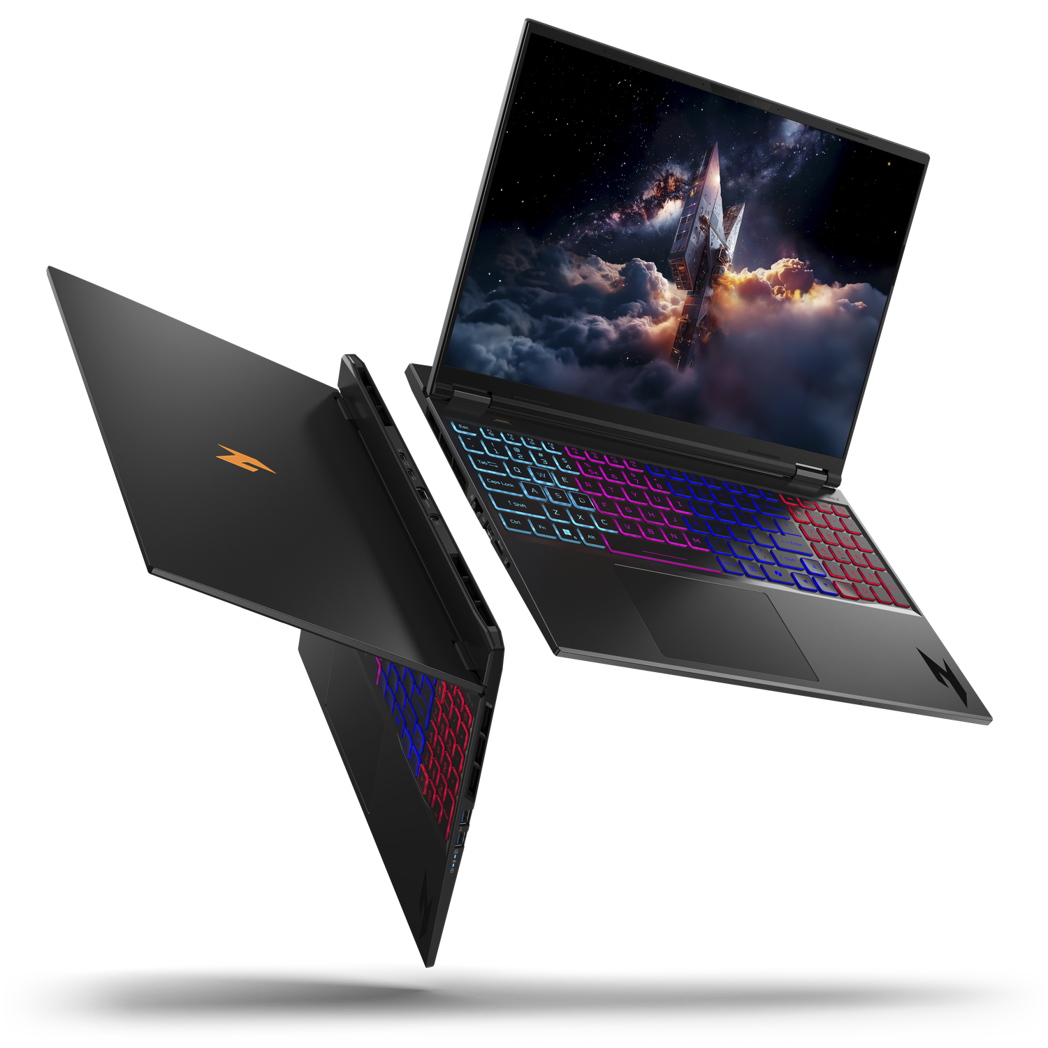 Two black laptops, one open displaying a space scene, the other closed. The keyboards have colorful lighting.