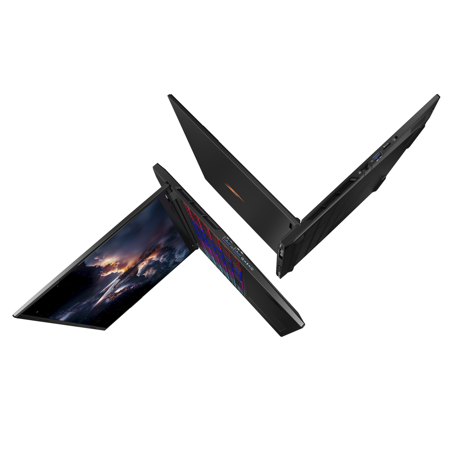 Two black laptops are open at different angles. One displays a colorful image, the other shows a side view with ports, against a black backdrop.