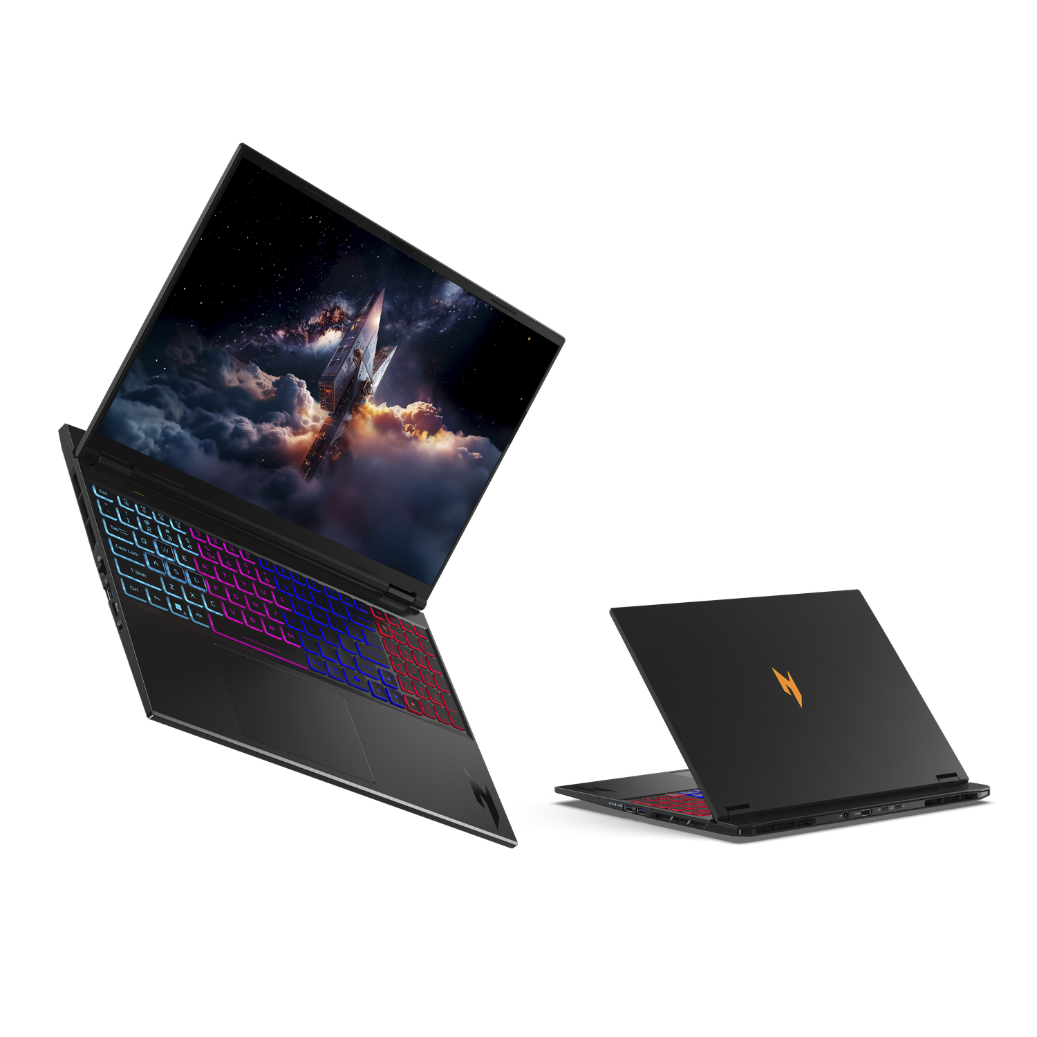 Two black laptops. One open showing a space scene, the other closed, with a gold logo. Keyboards have colorful lights.