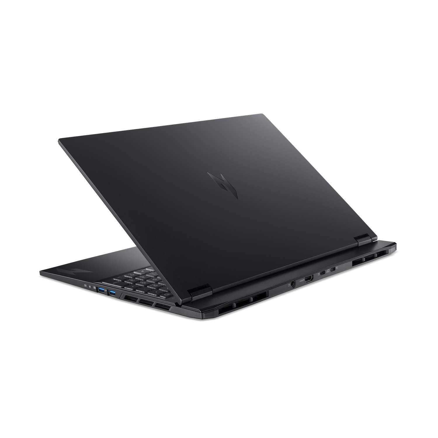 A black laptop is slightly open, showing the keyboard and ports. The background is black.