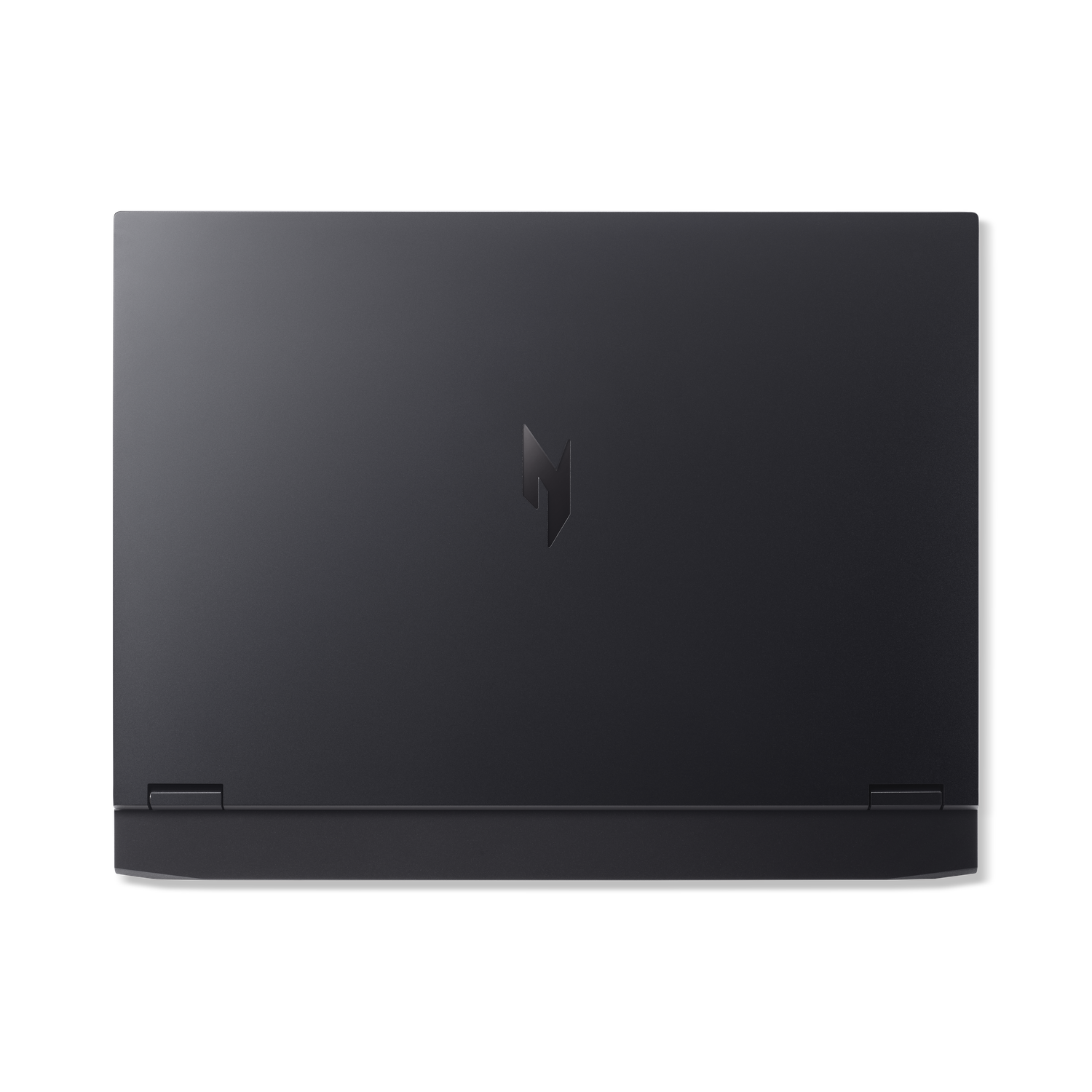 Closed black laptop on black background. The laptop has a logo on the top. The bottom part is thicker.