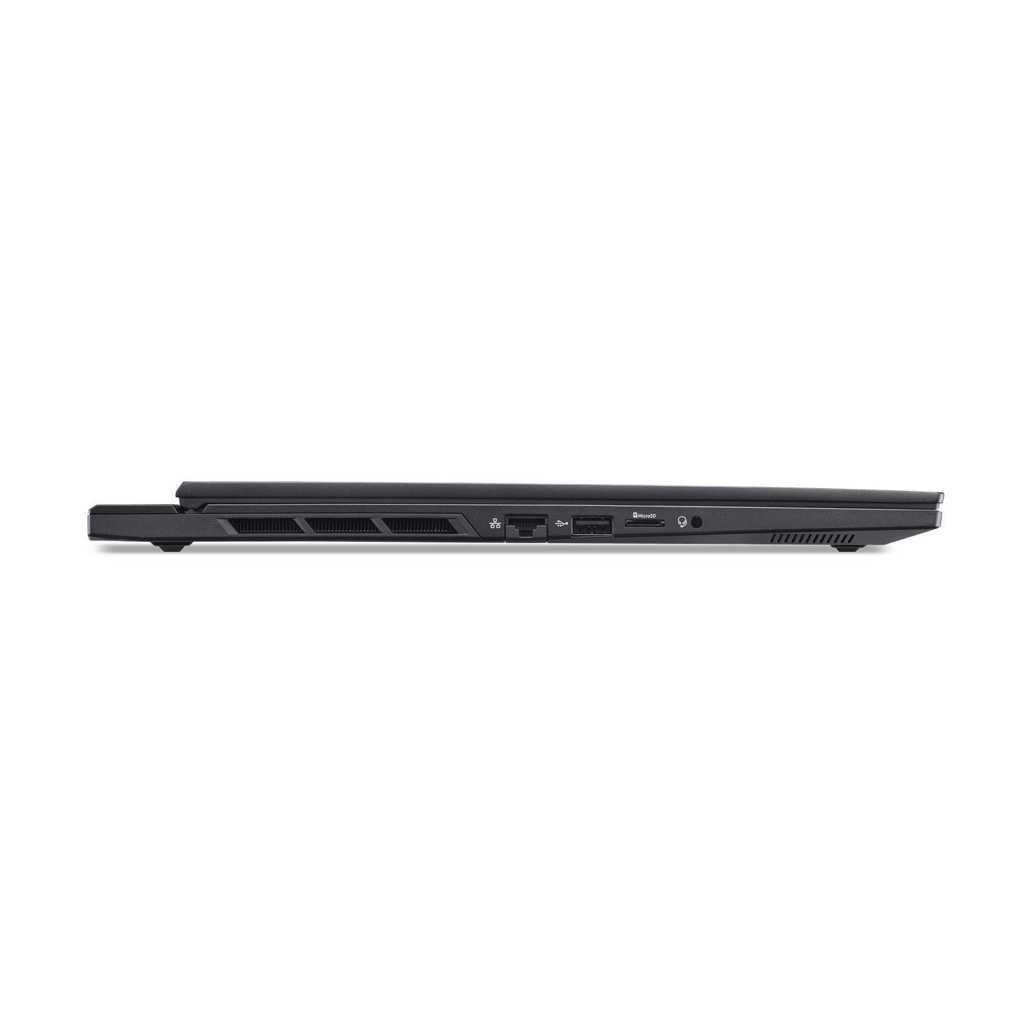 Side view of a black laptop. Ports and vents are visible. MicroSD slot, USB ports, and headphone jack are present. The laptop is closed.