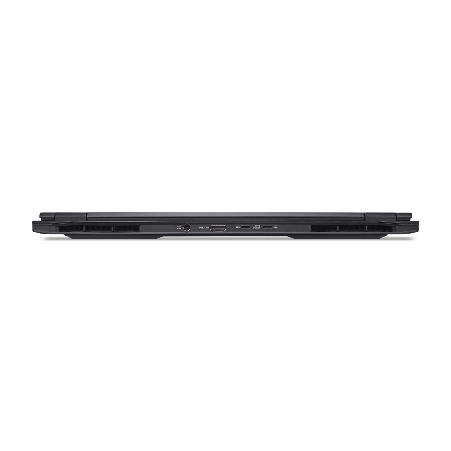 Black laptop side profile. Visible ports include USB, HDMI, and others. The laptop is on a black background.