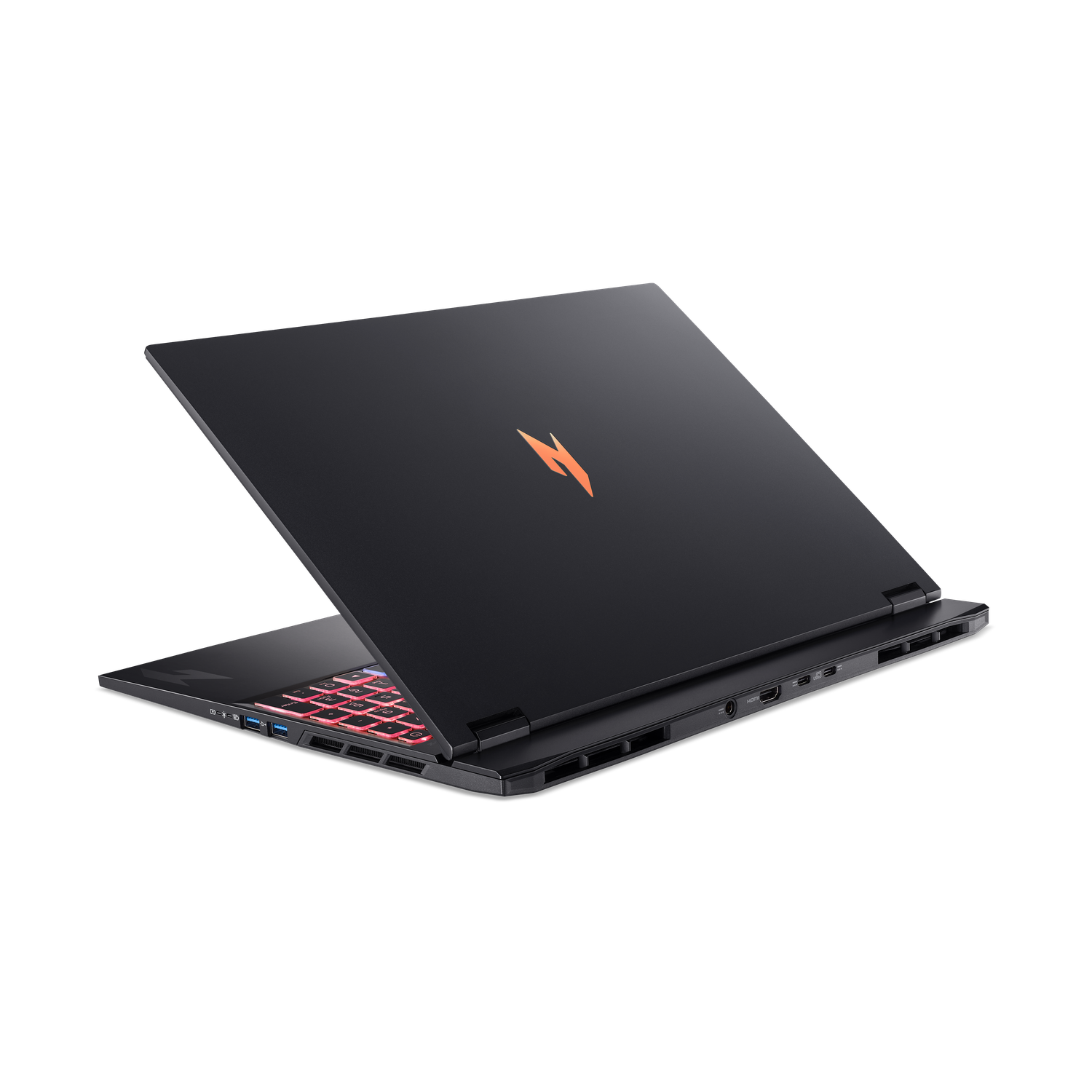 A black laptop is open. The keyboard has red backlighting. The laptop has an orange logo on the lid. The background is black.