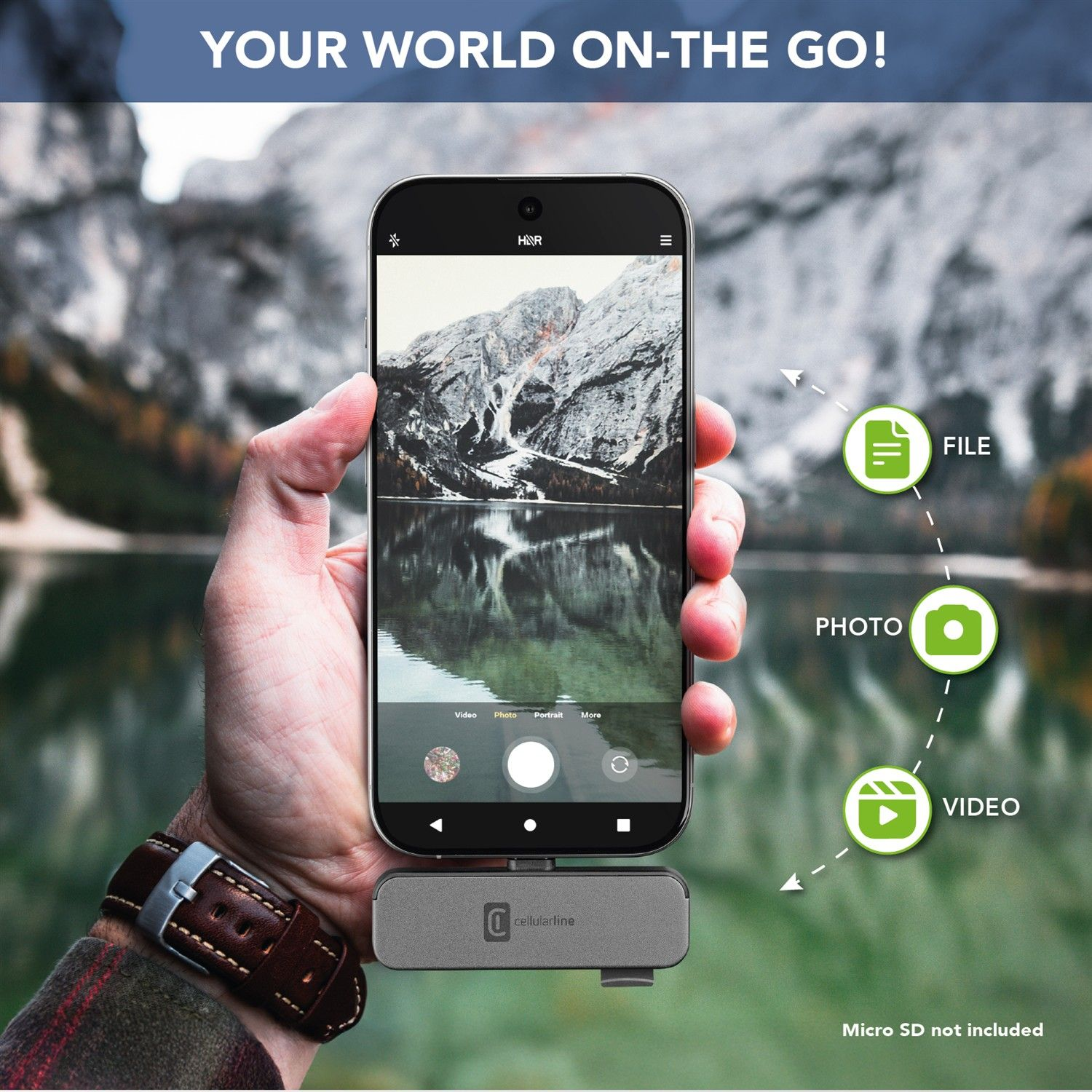 Eine Hand hält ein Telefon mit Seeblick. Symbole zeigen Datei-, Foto- und Videooptionen an. Unten ist ein Gerät angeschlossen.
