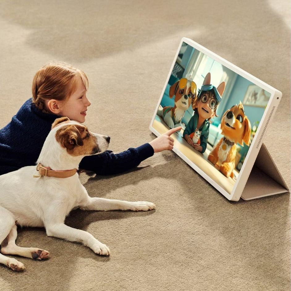 Bir çocuk ve bir köpek tablet izliyor. Ekranda çizgi film köpekleri var. Çocuk ekrana işaret ediyor. Halı üzerindeler.