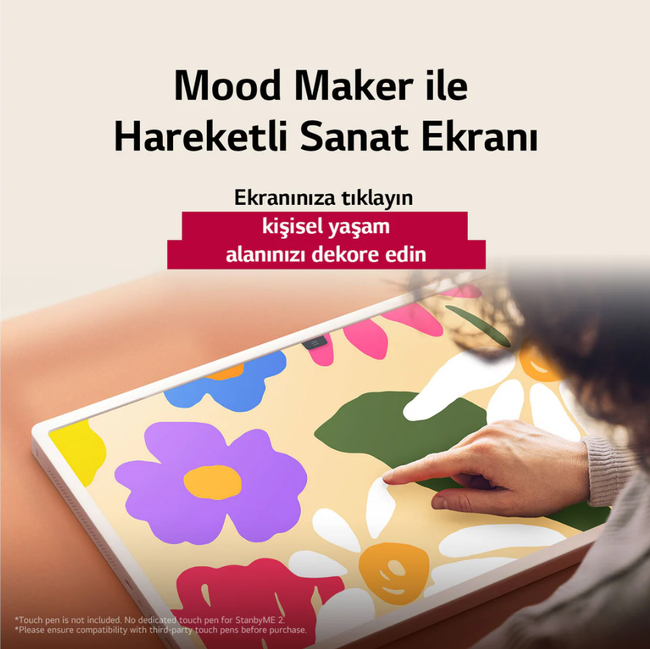 Bir parmak, renkli çiçek sanatı gösteren bir tablet ekranına dokunuyor. Üstte 'Mood Maker' yazısı var. Bir eylem çağrısı görüntüleniyor.